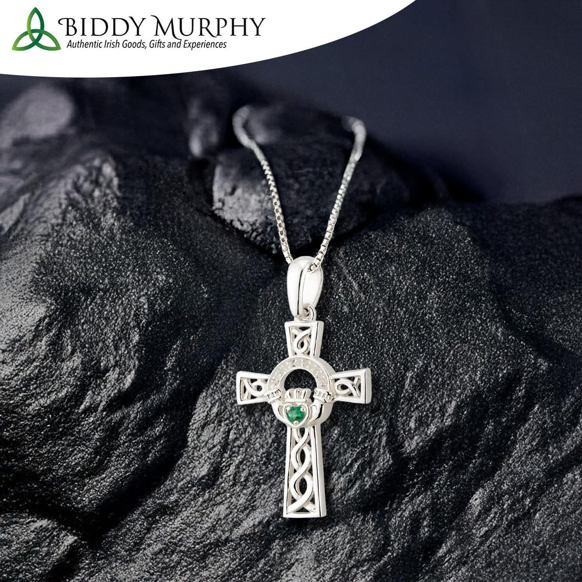 Irish Sterling Silver Claddagh Cross Necklace with CZ Cubic Zirconia Stone