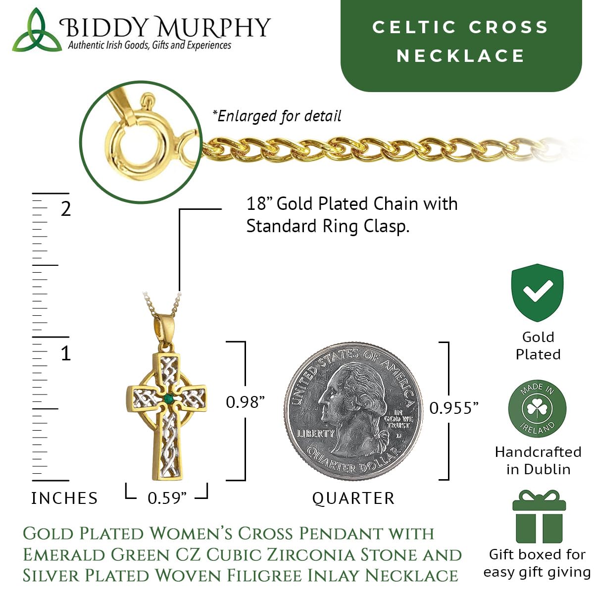 Irish Gold-Plated CZ Celtic Cross Necklace with Filigree Silver-Plated Inlay
