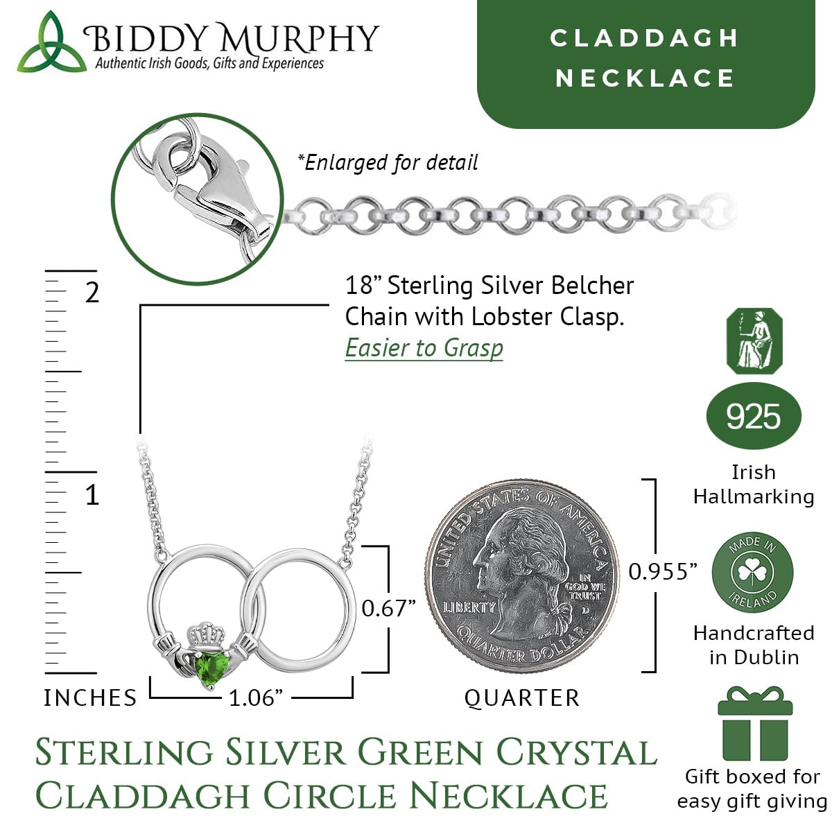 Irish Sterling Silver Claddagh Necklace with Green Crystal Heart