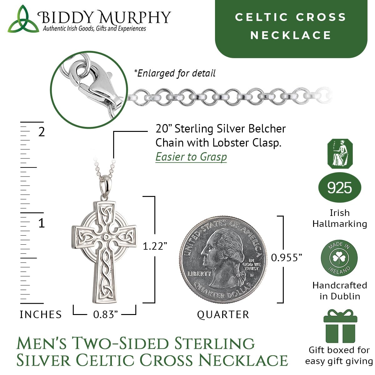 Irish Sterling Silver 2-Sided Celtic Cross Necklace for Men