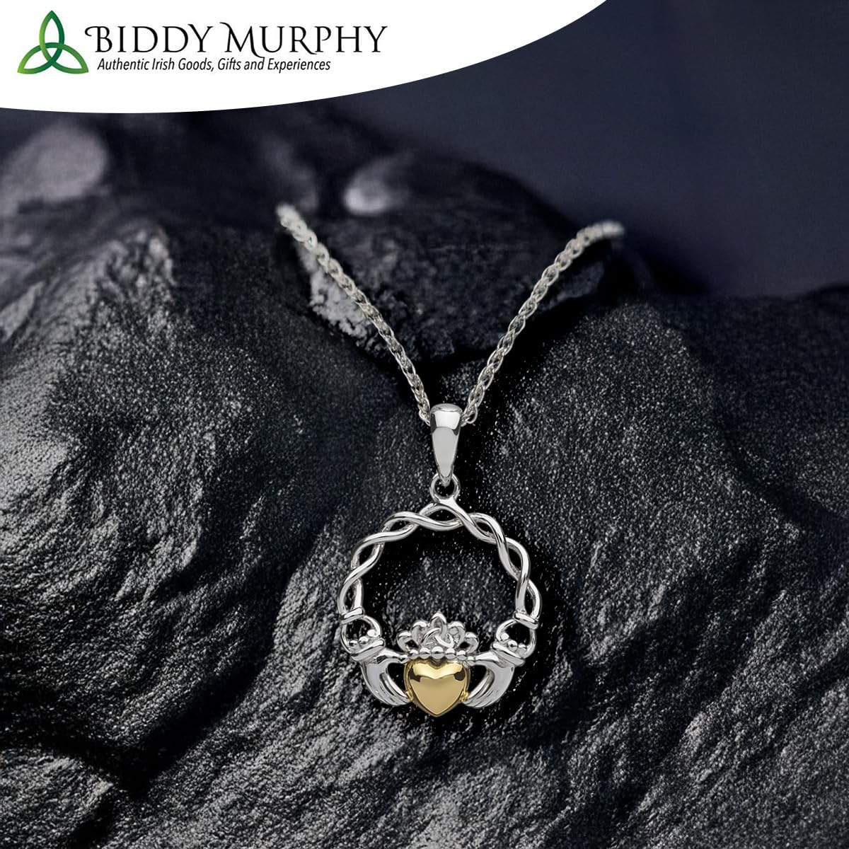 Irish Sterling Silver 10K Gold Heart Claddagh Necklace for Women