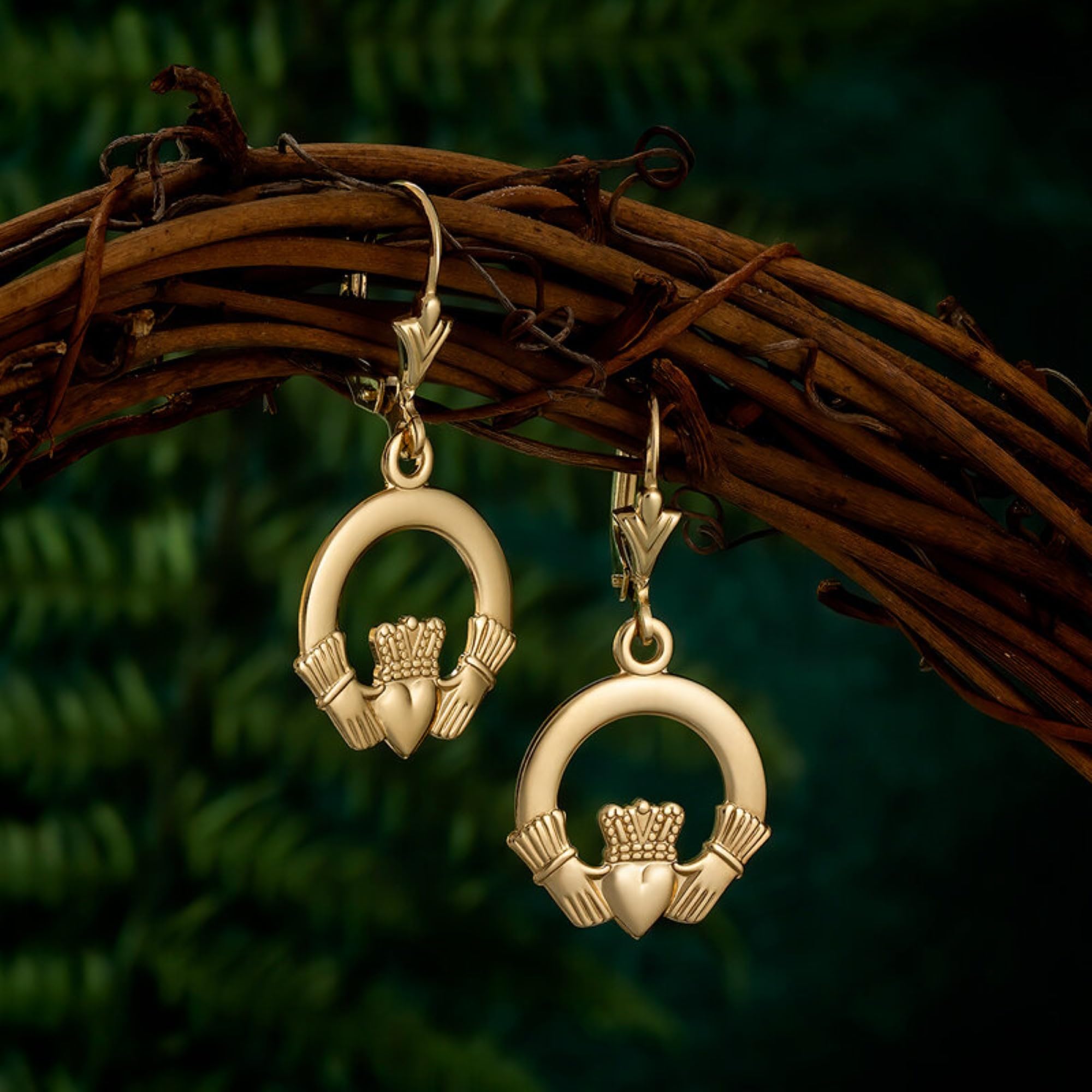 Irish 14K Gold Claddagh Dangle Earrings