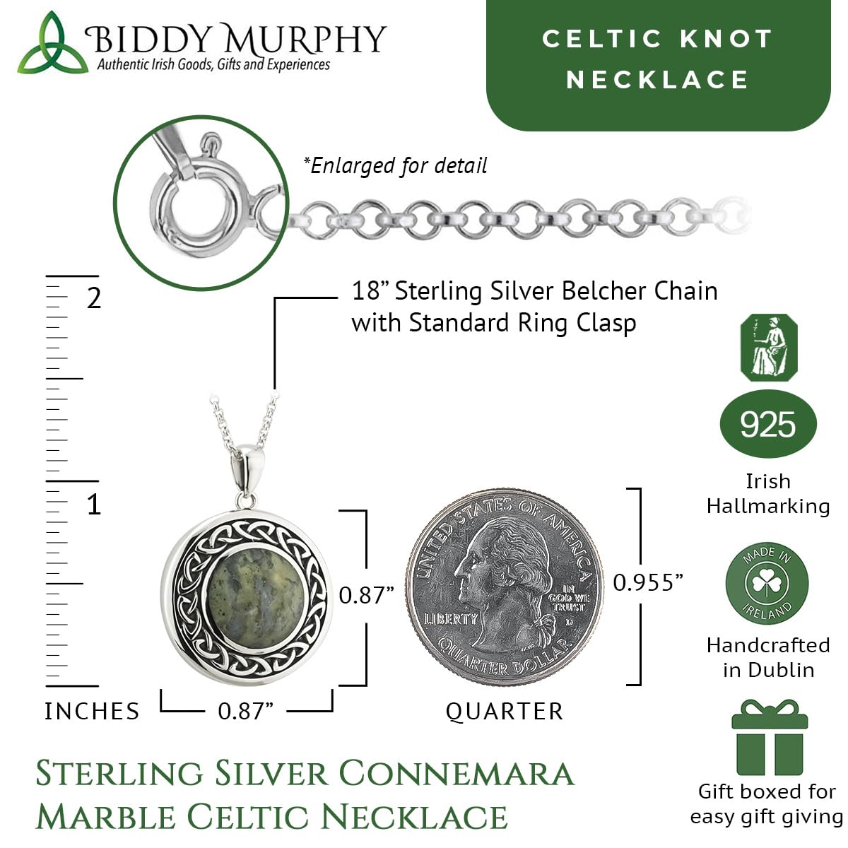 Irish Sterling Silver Connemara Marble Round Celtic Necklace for Women