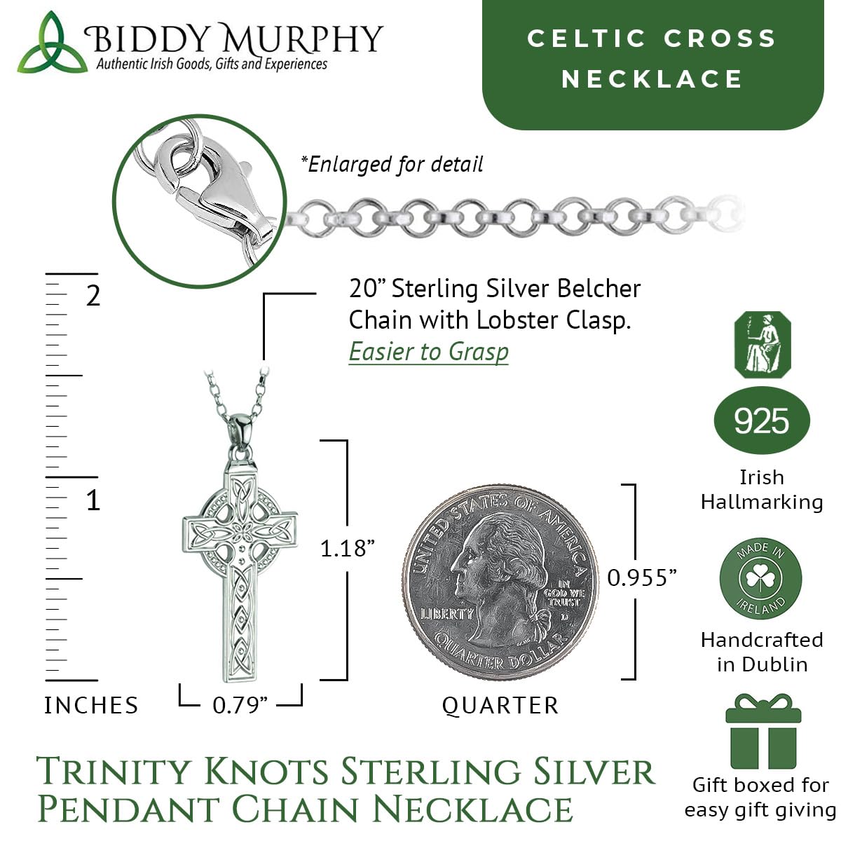 Irish Sterling Silver Celtic Cross Necklace with Trinity Knot Detailing for Men