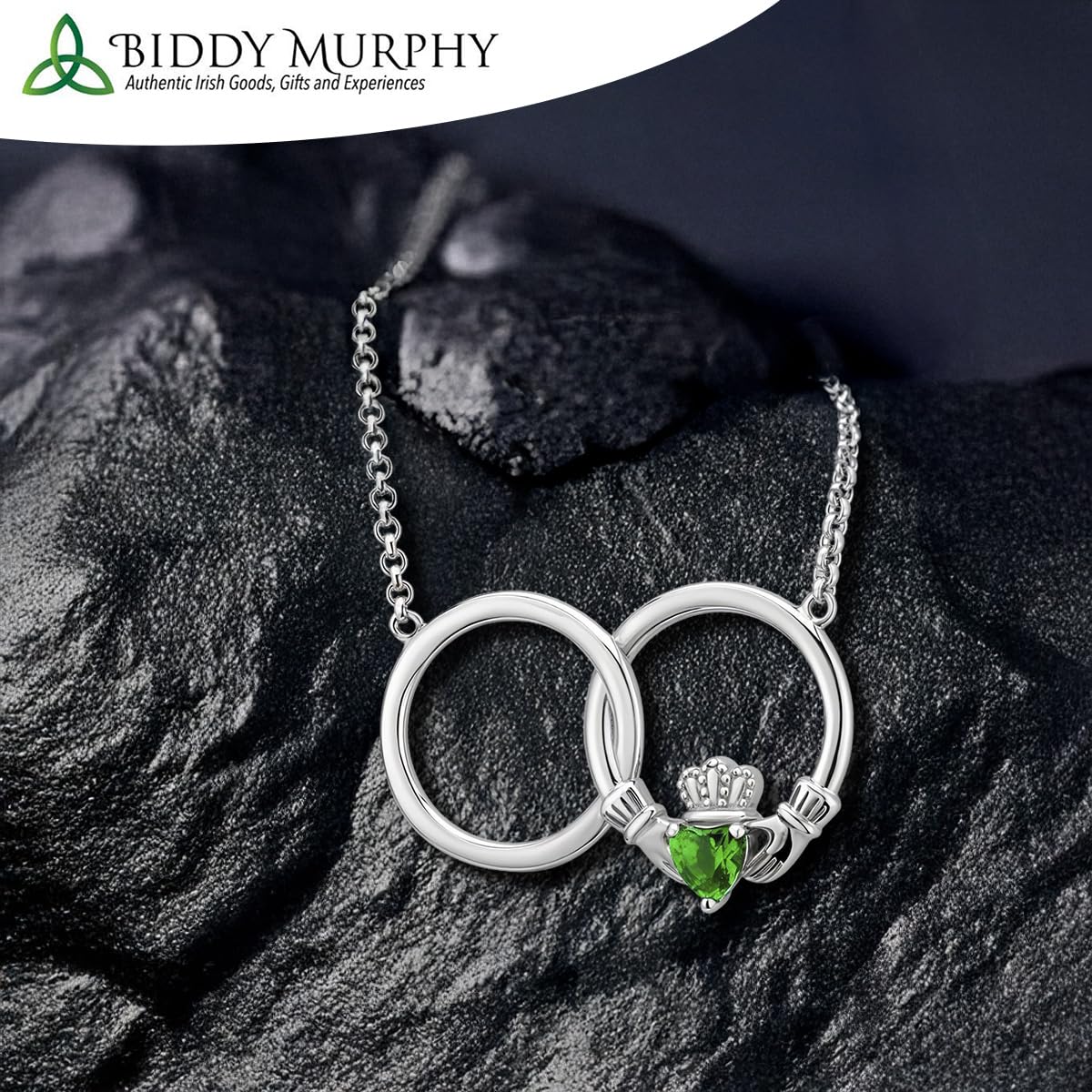 Irish Sterling Silver Claddagh Necklace with Green Crystal Heart