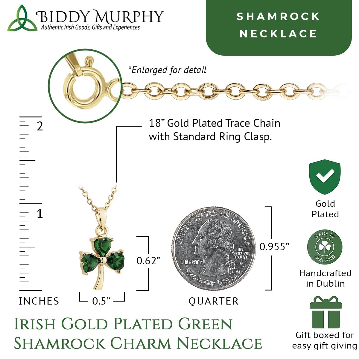 Irish Gold-Plated Shamrock Charm Necklace with Emerald Stone
