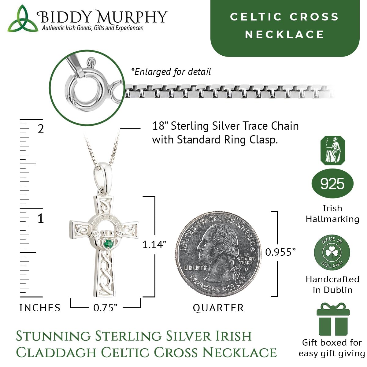 Irish Sterling Silver Claddagh Cross Necklace with CZ Cubic Zirconia Stone