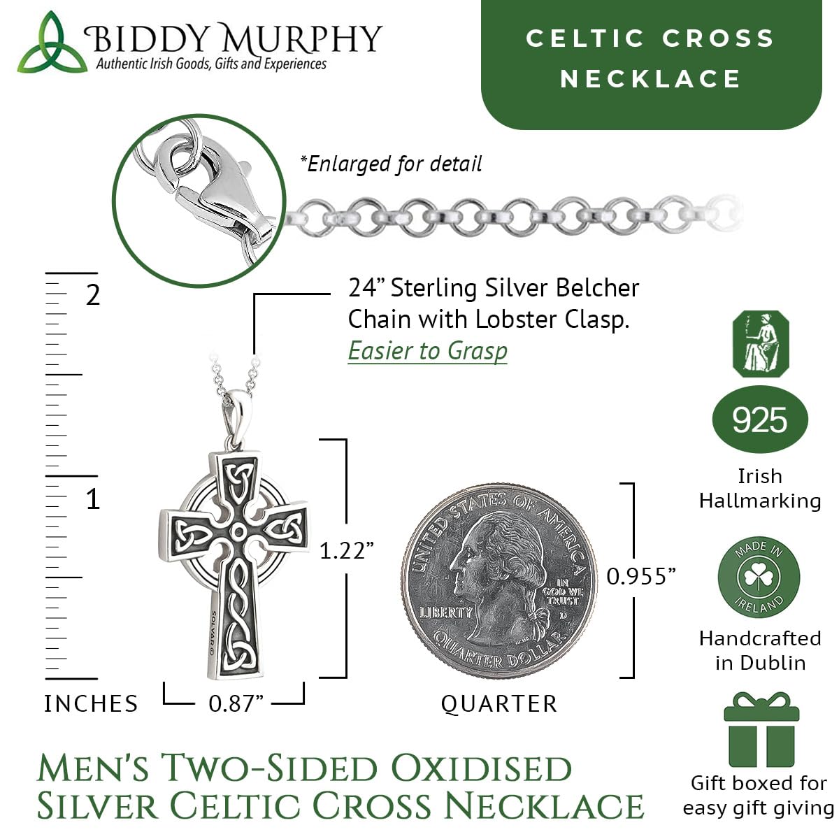 Irish Sterling Silver 2-Sided Oxidized Celtic Cross Necklace for Men