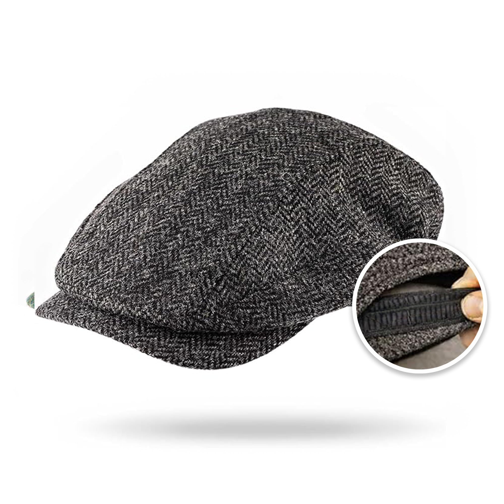 Self-Adjusting Irish Wool Driving Cap – Charcoal Black Comfort Fit Flat Hat