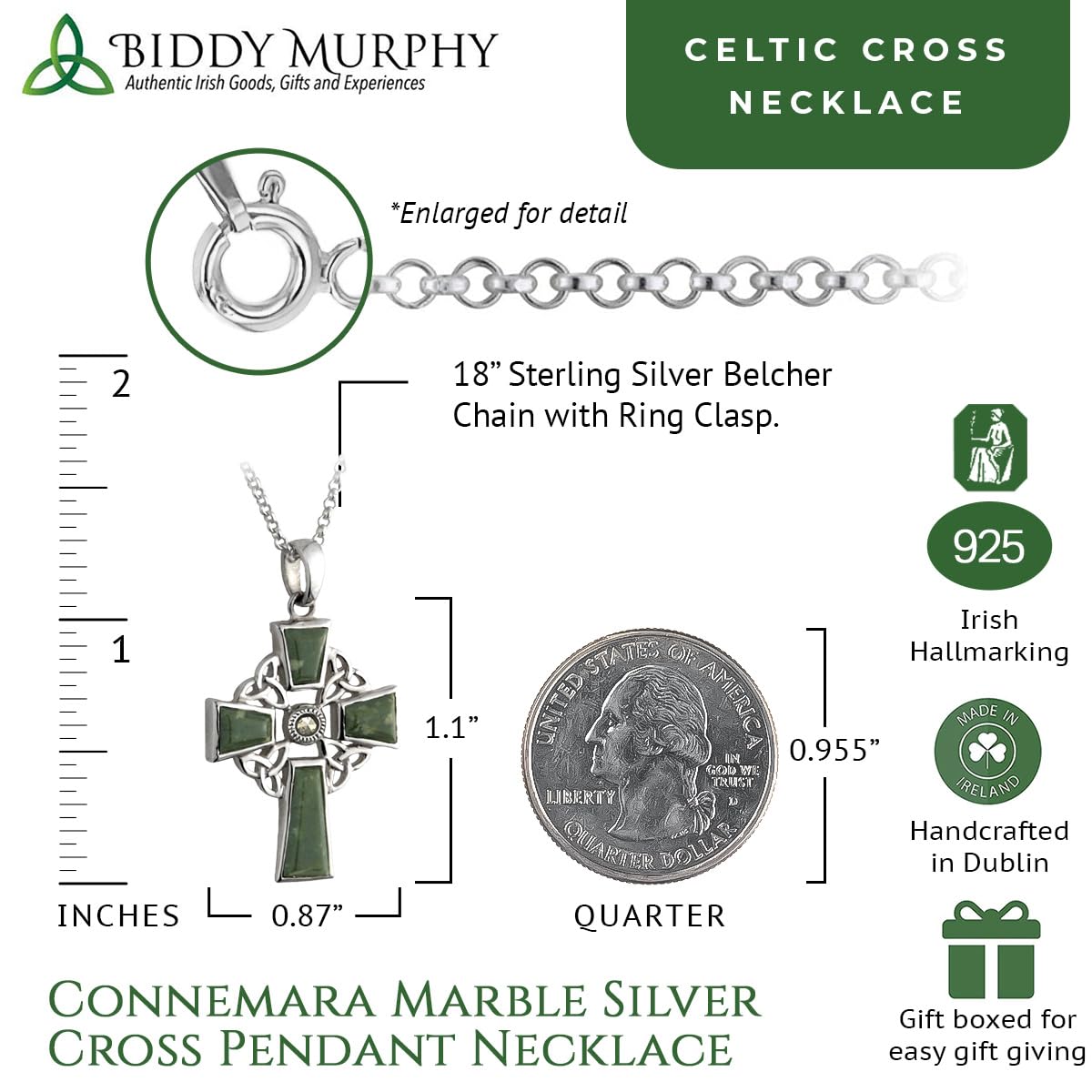 Irish Sterling Silver Connemara Marble Celtic Cross Necklace