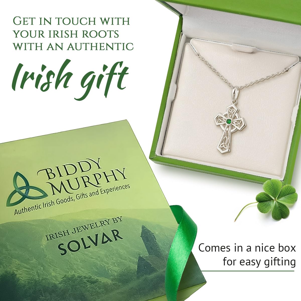 Silver necklace with green gem in a box, branded as Biddy Murphy Solvar, with text about Irish roots.