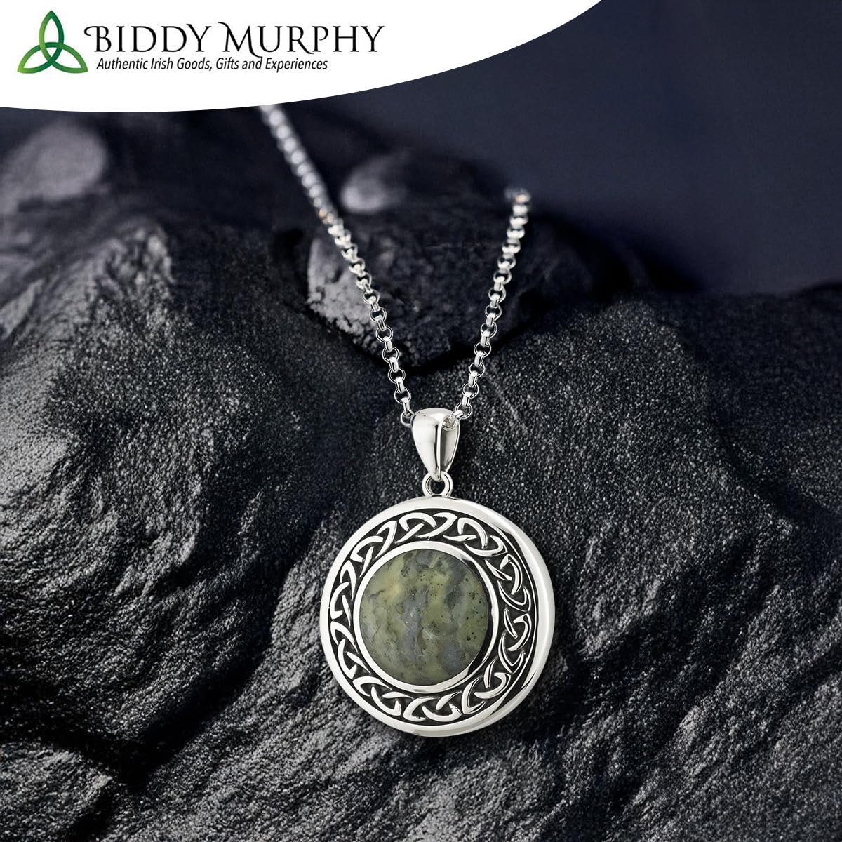 Irish Sterling Silver Connemara Marble Round Celtic Necklace for Women