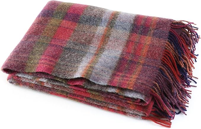 100% Wool Throw Plaid Blanket, 72" x 54" Soft Lambswool, Made in Ireland