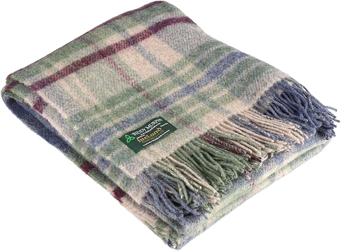 100% Irish Wool Tartan Throw Blanket - Denim Blue, Green & Burgundy (54" x 72")