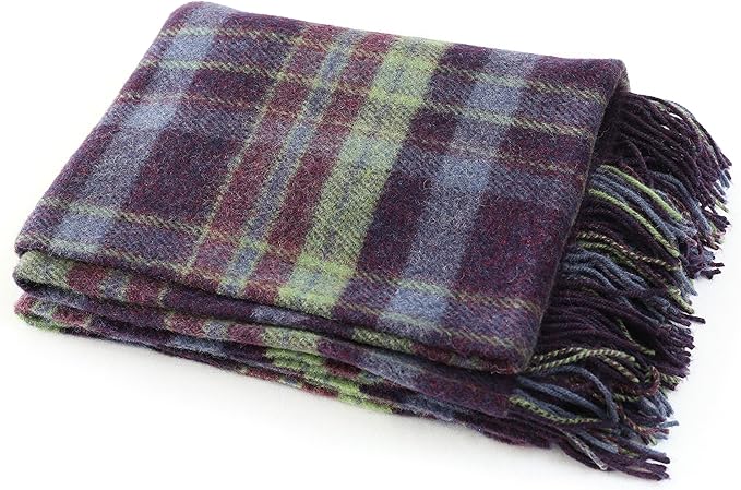 100% Wool Throw Plaid Blanket, 72" x 54" Soft Lambswool, Made in Ireland