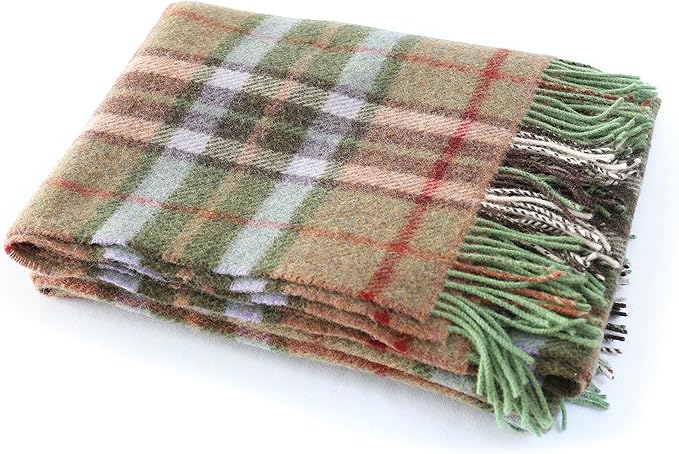 100% Wool Throw Plaid Blanket, 72" x 54" Soft Lambswool, Made in Ireland
