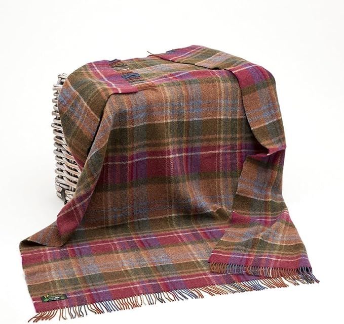 100% Wool Throw Plaid Blanket, 72" x 54" Soft Lambswool, Made in Ireland