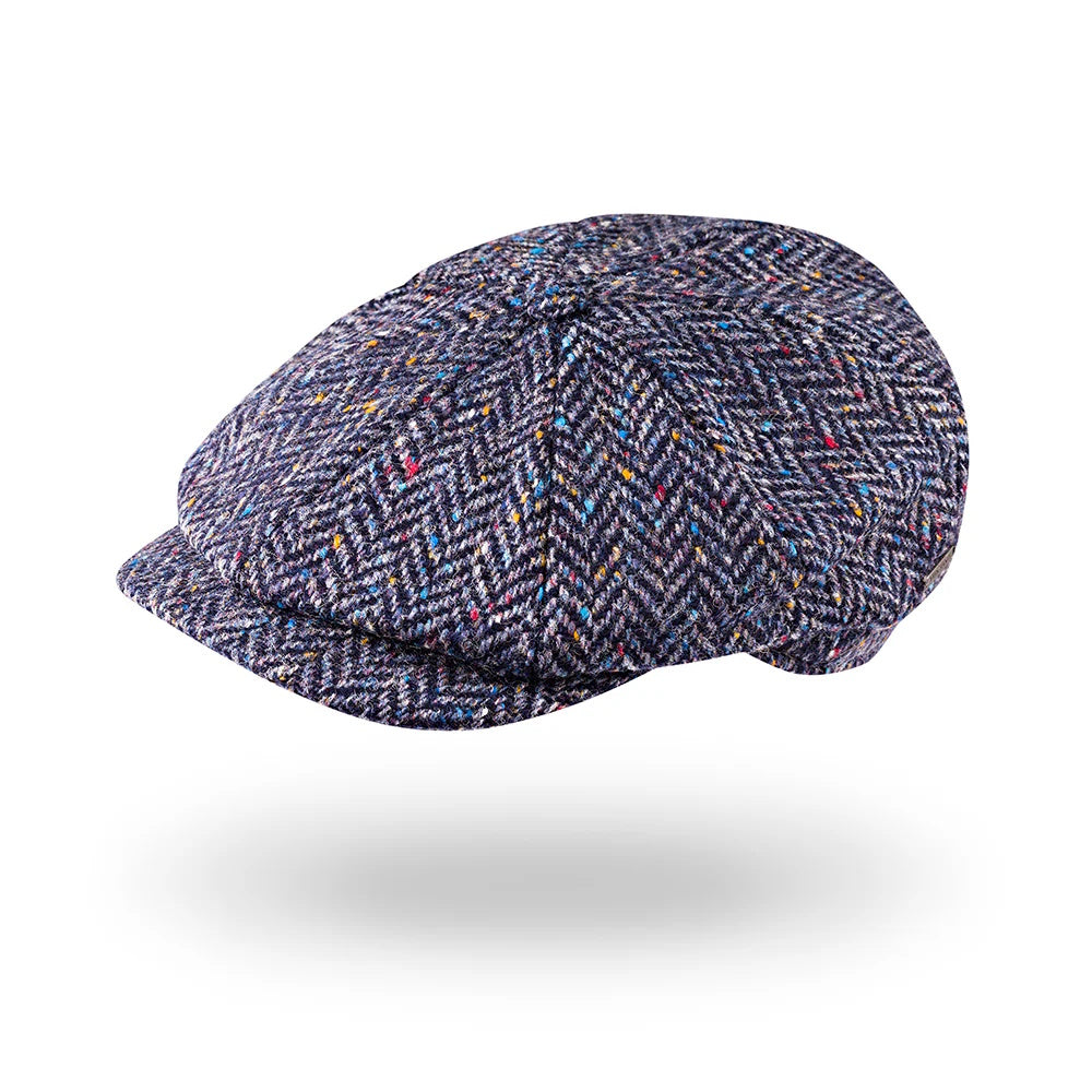 Irish 8-Panel Newsboy Cap, 100% Wool Tweed Blue Herringbone Flat Hat