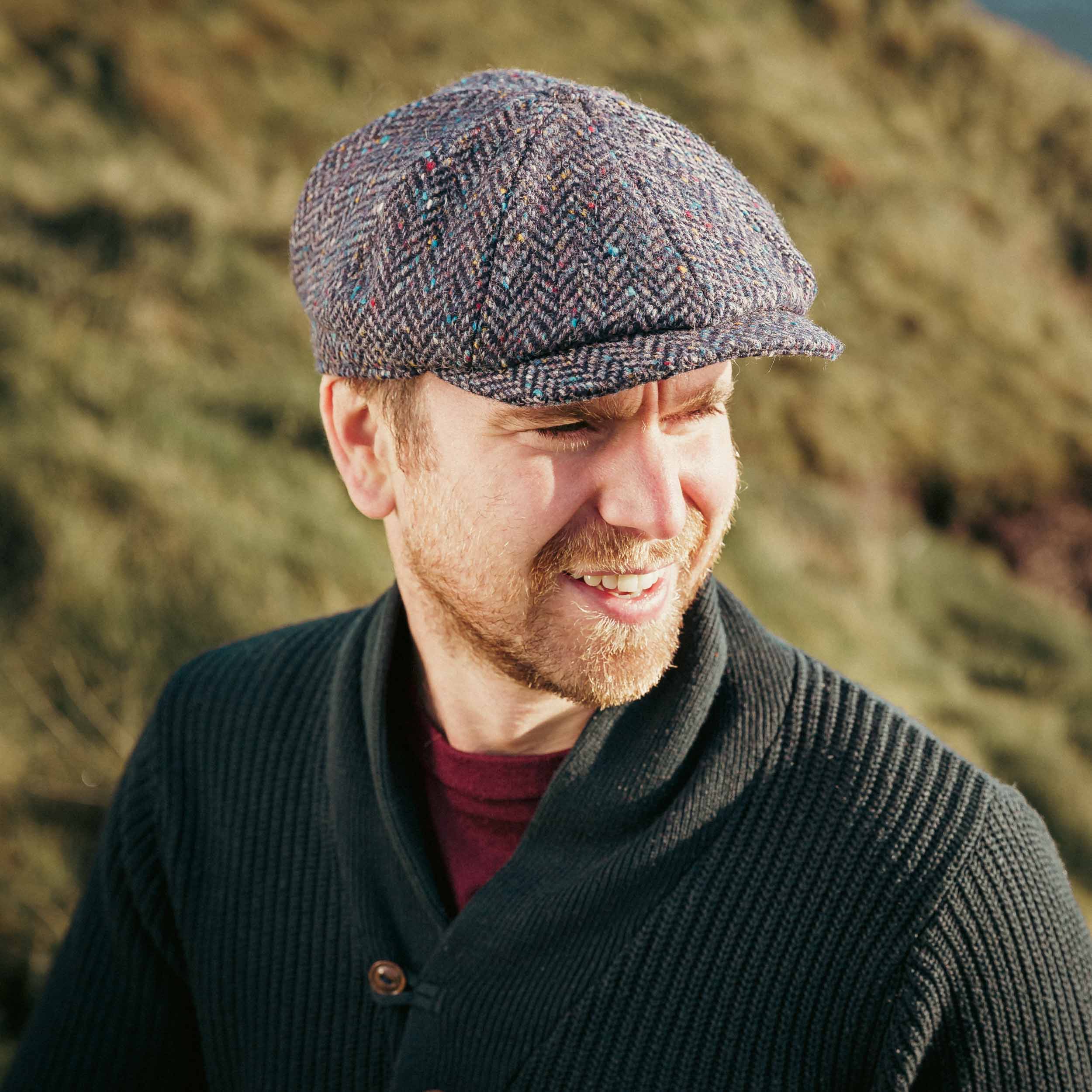 Irish 8-Panel Newsboy Cap, 100% Wool Tweed Blue Herringbone Flat Hat