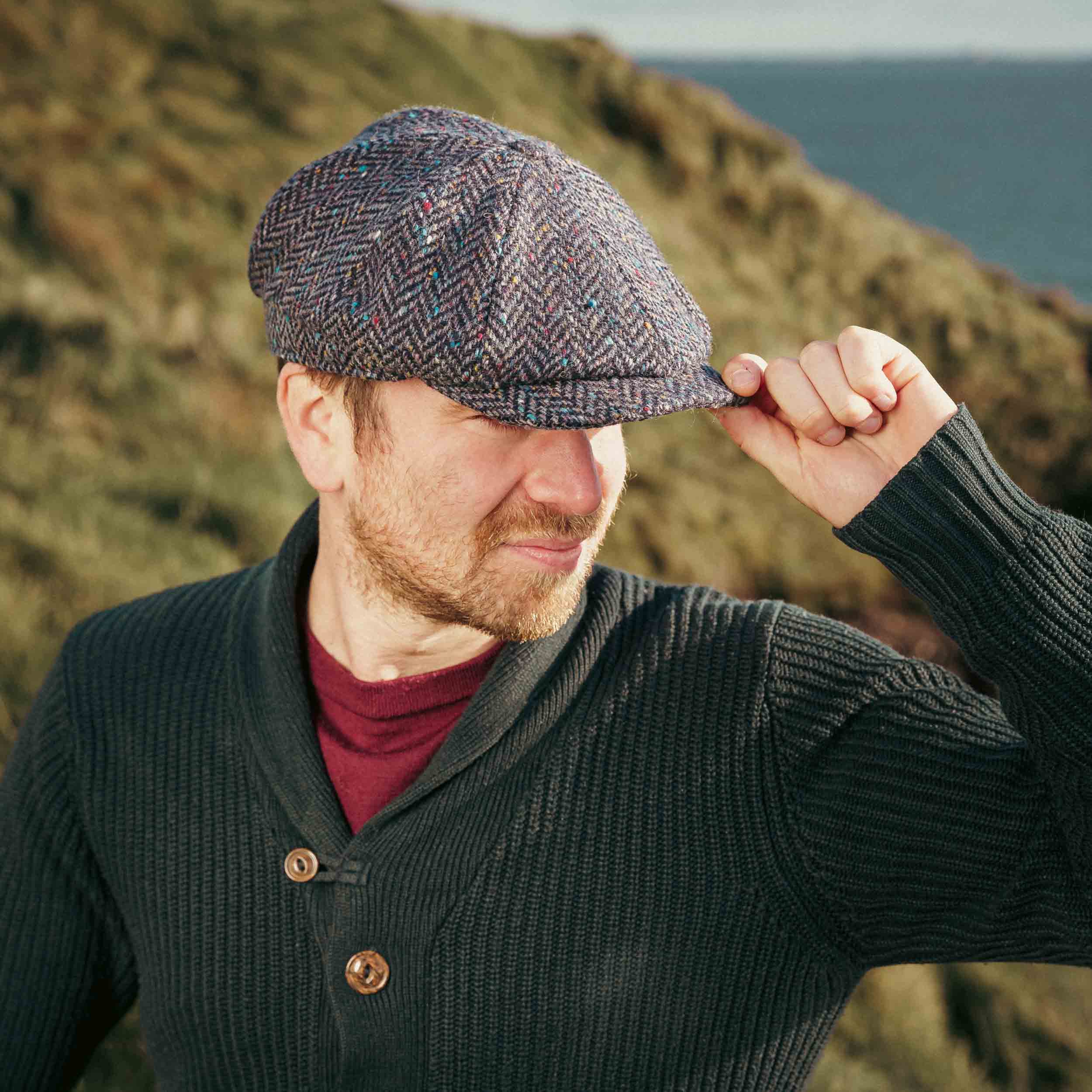 Irish 8-Panel Newsboy Cap, 100% Wool Tweed Blue Herringbone Flat Hat