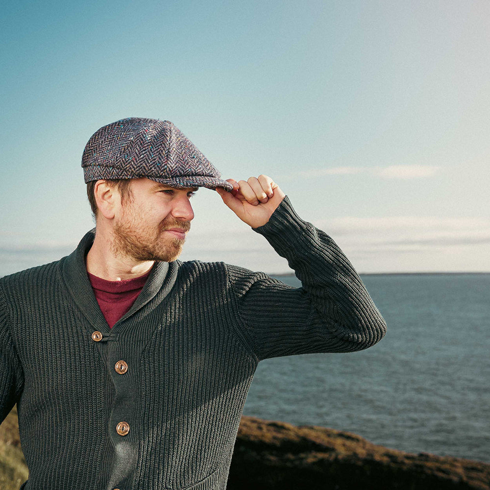 Irish 8-Panel Newsboy Cap, 100% Wool Tweed Blue Herringbone Flat Hat