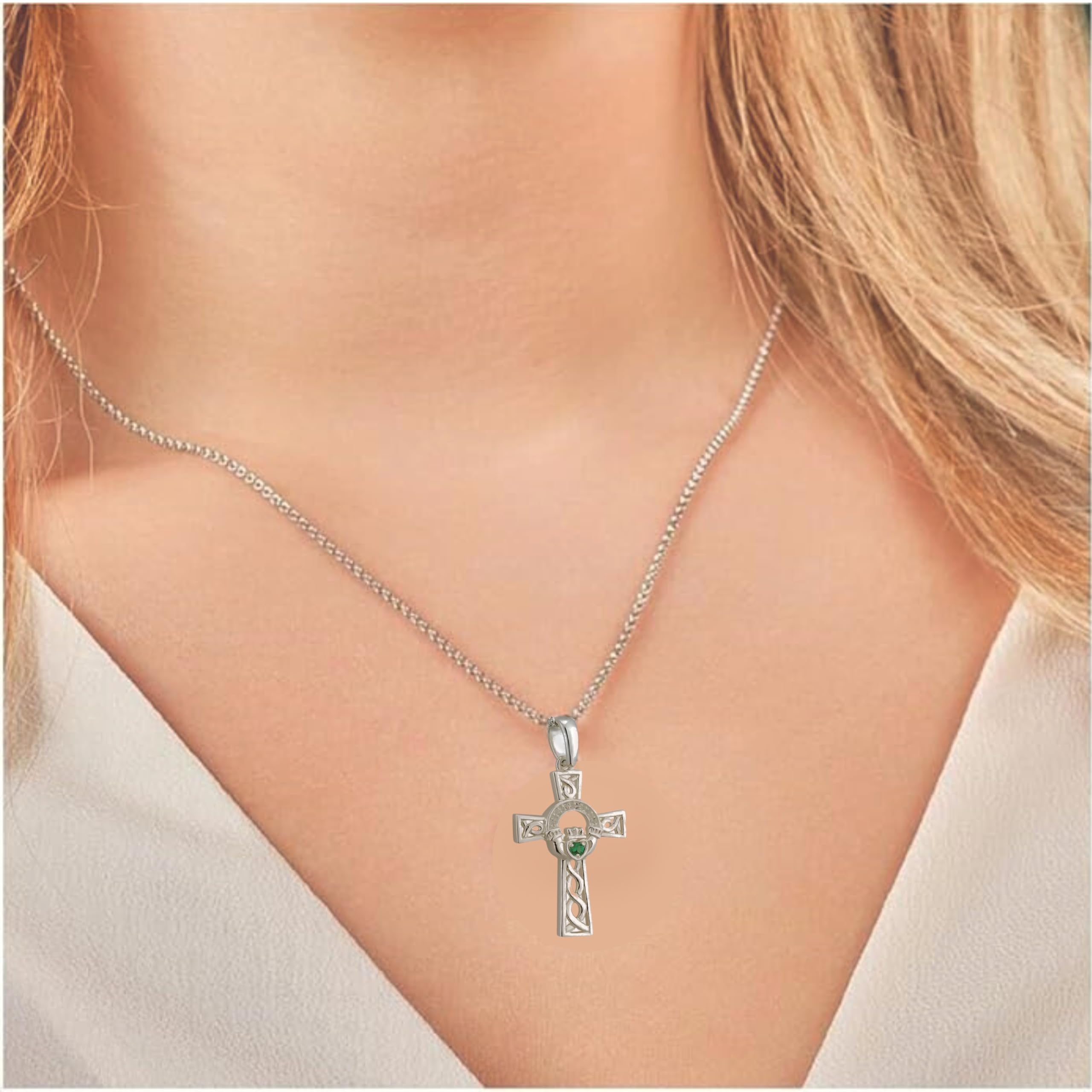 Irish Sterling Silver Claddagh Cross Necklace with CZ Cubic Zirconia Stone
