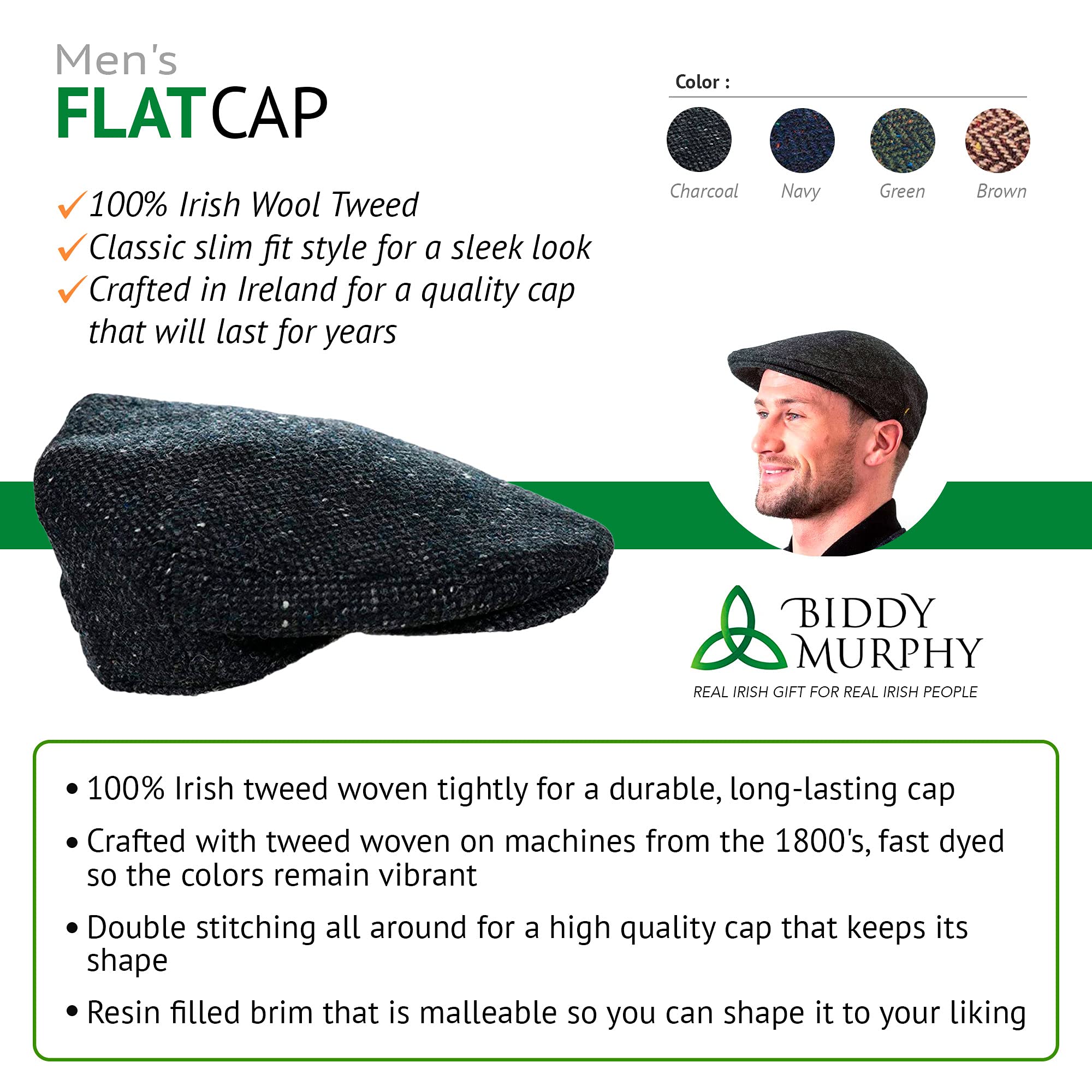 Irish Donegal Tweed Flat Cap - Green Herringbone, 100% Wool Hat With Curved Peak