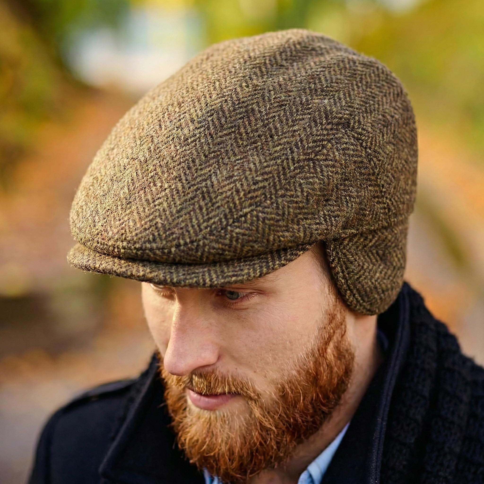 Irish 100% Wool Flat Cap with Tuck Away Ear Flaps - Brown
