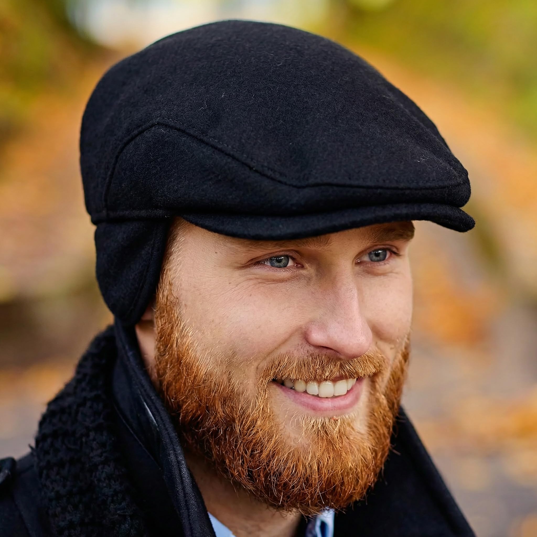 Irish 100% Wool Flat Cap with Tuck Away Ear Flaps - Black
