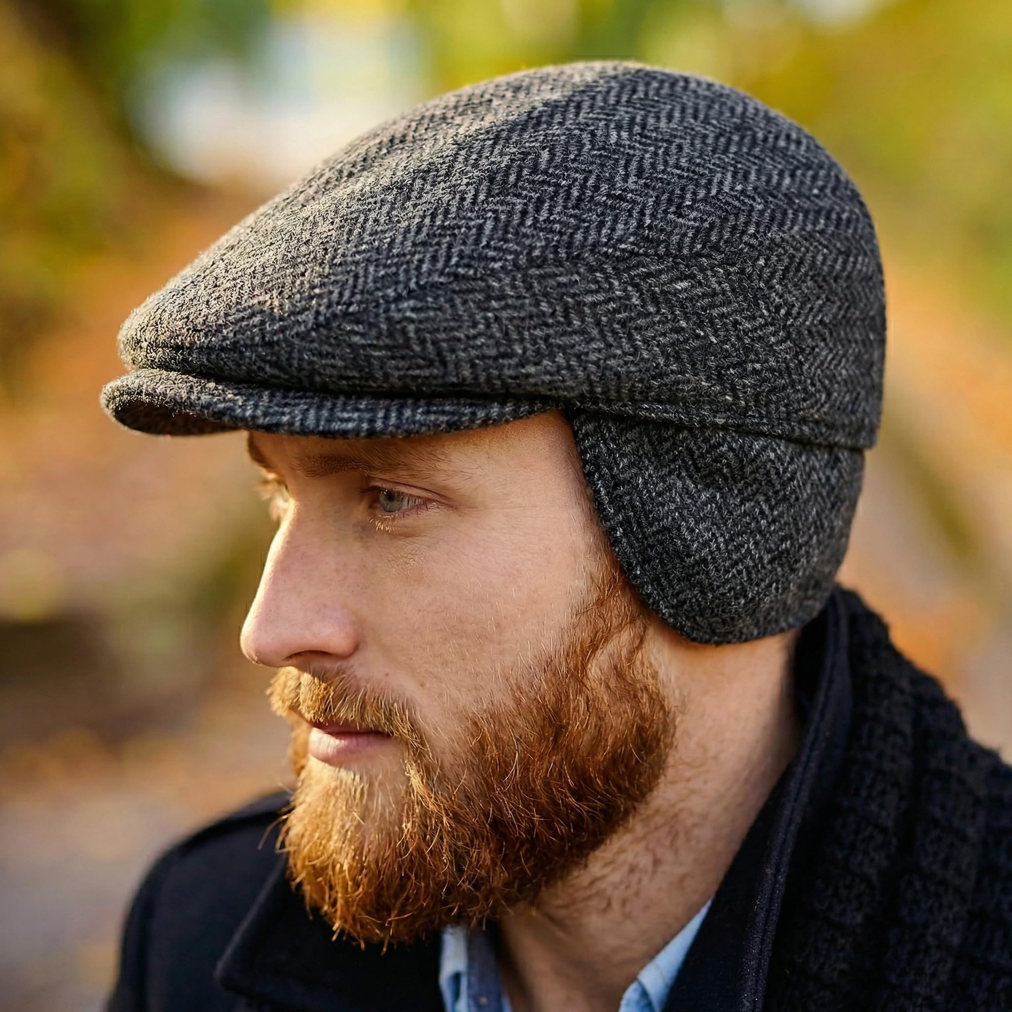 Irish 100% Wool Flat Cap with Tuck Away Ear Flaps - Grey