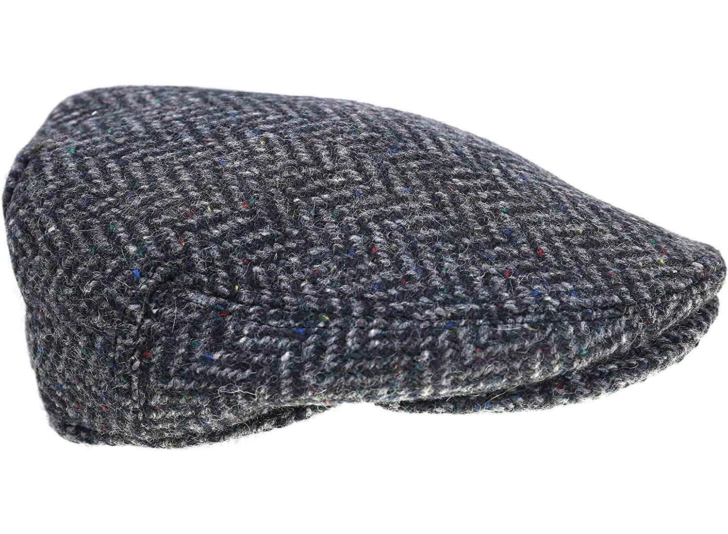 Irish Donegal Tweed Flat Cap - Charcoal Herringbone, 100% Wool Hat With Curved Peak
