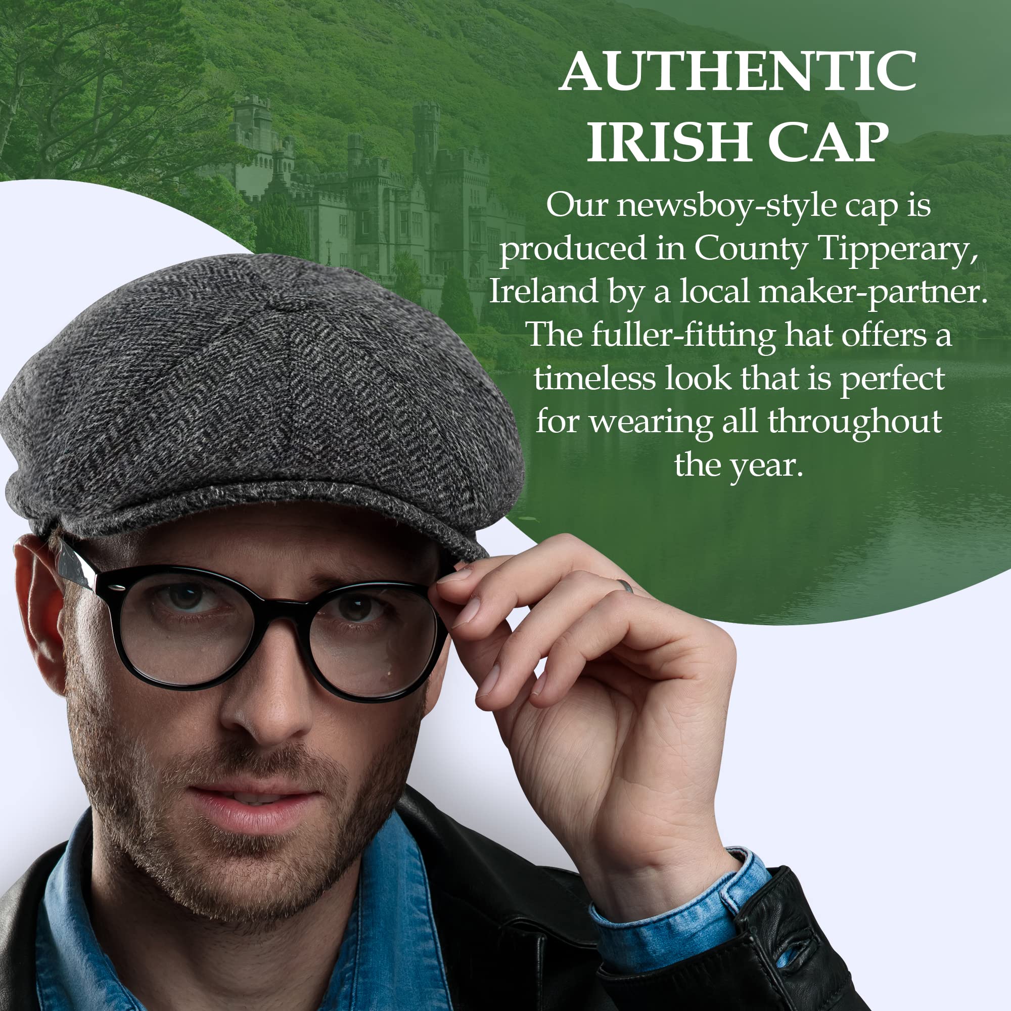 Irish 8-Panel Newsboy Cap, 100% Wool Tweed Gray Herringbone Flat Hat