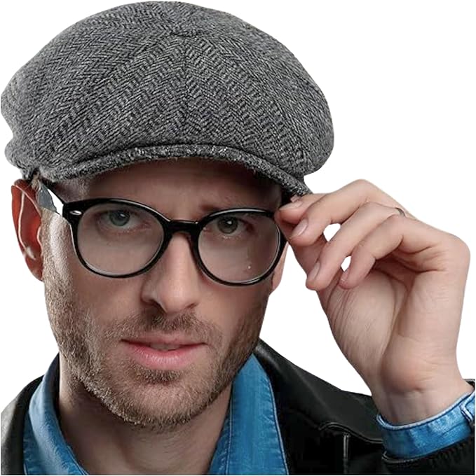 Irish 8-Panel Newsboy Cap, 100% Wool Tweed Gray Herringbone Flat Hat