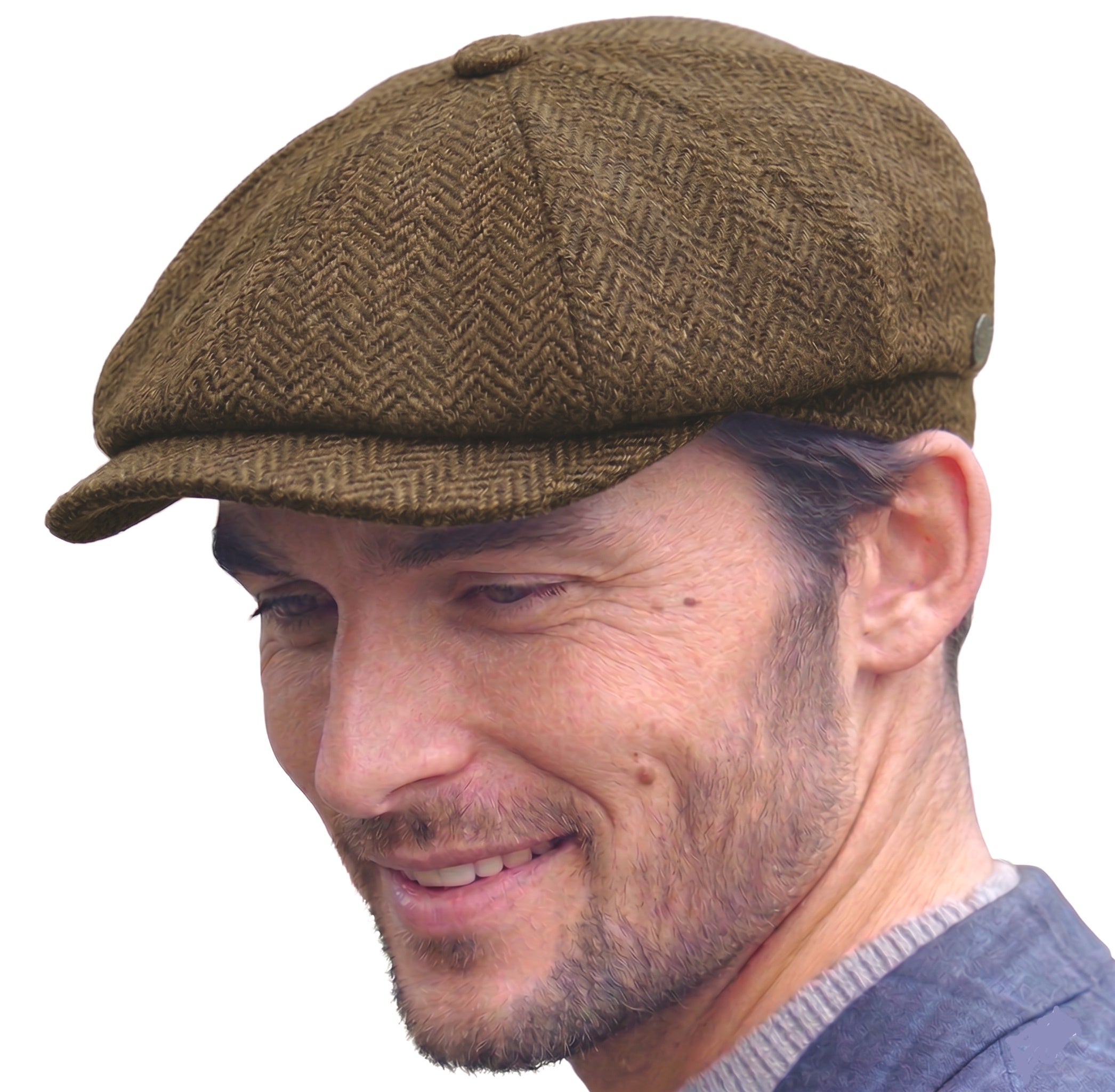 Irish 8-Panel Newsboy Cap, 100% Wool Tweed Brown Herringbone Flat Hat