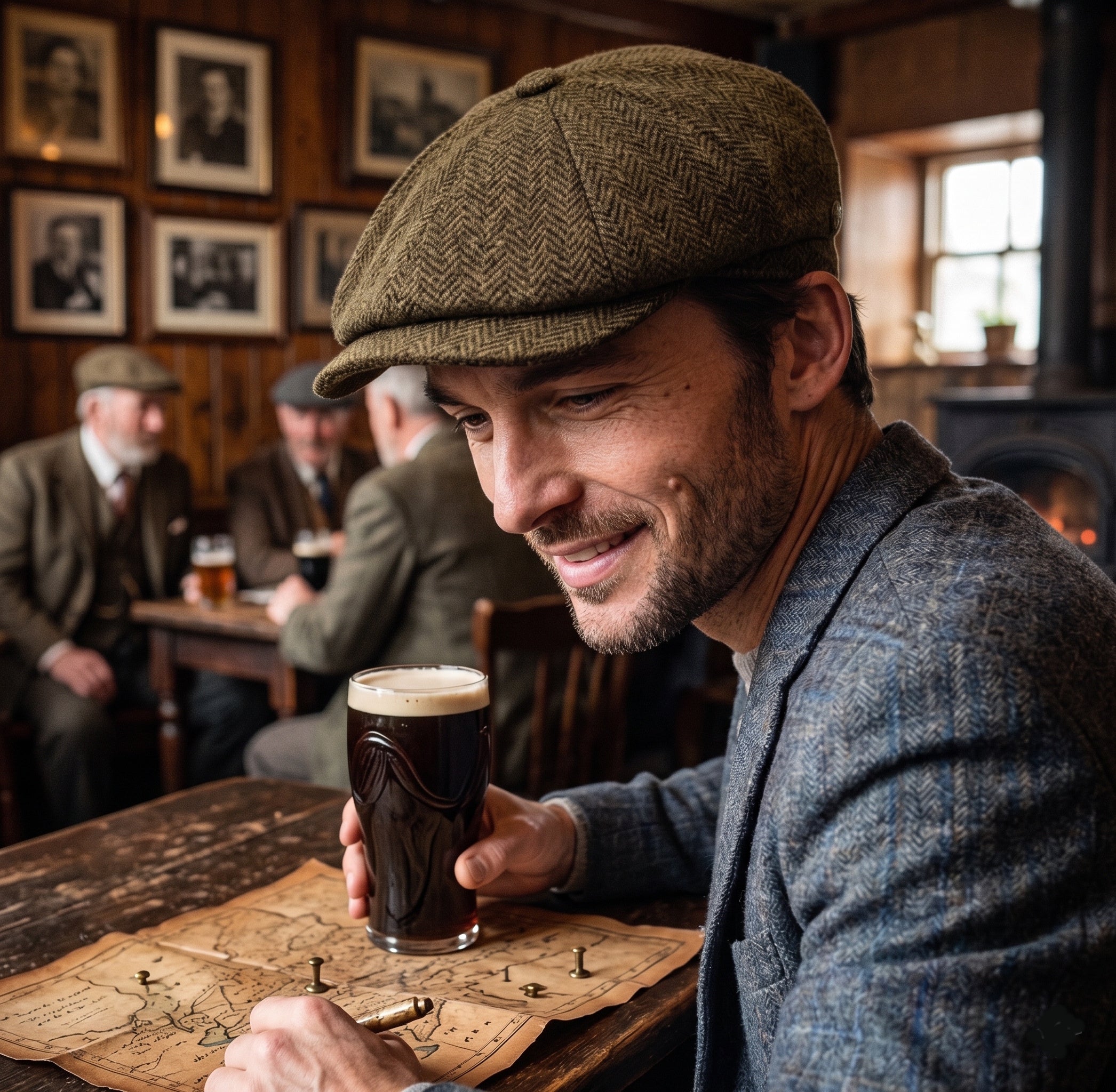 Irish 8-Panel Newsboy Cap, 100% Wool Tweed Brown Herringbone Flat Hat