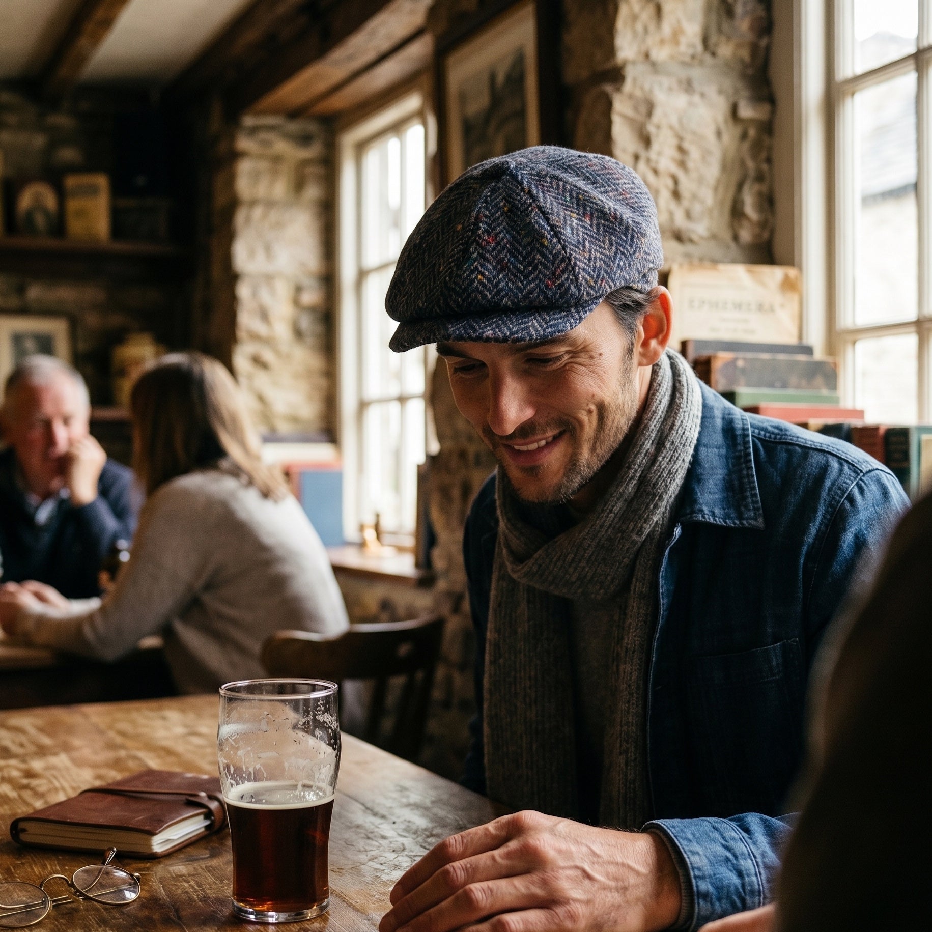 Irish 8-Panel Newsboy Cap, 100% Wool Tweed Blue Herringbone Flat Hat