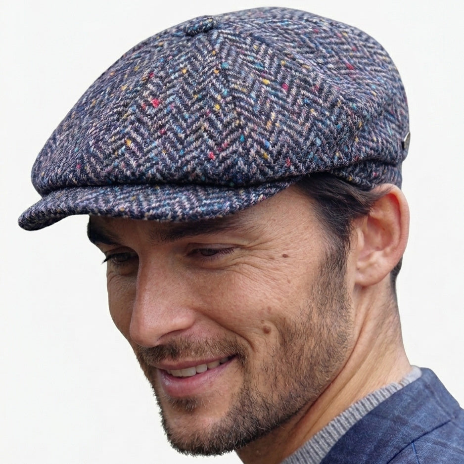 Irish 8-Panel Newsboy Cap, 100% Wool Tweed Blue Herringbone Flat Hat