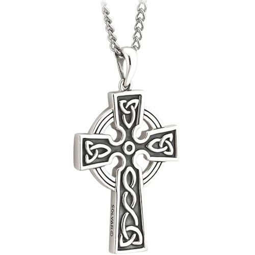 Irish Sterling Silver 2-Sided Oxidized Celtic Cross Necklace for Men
