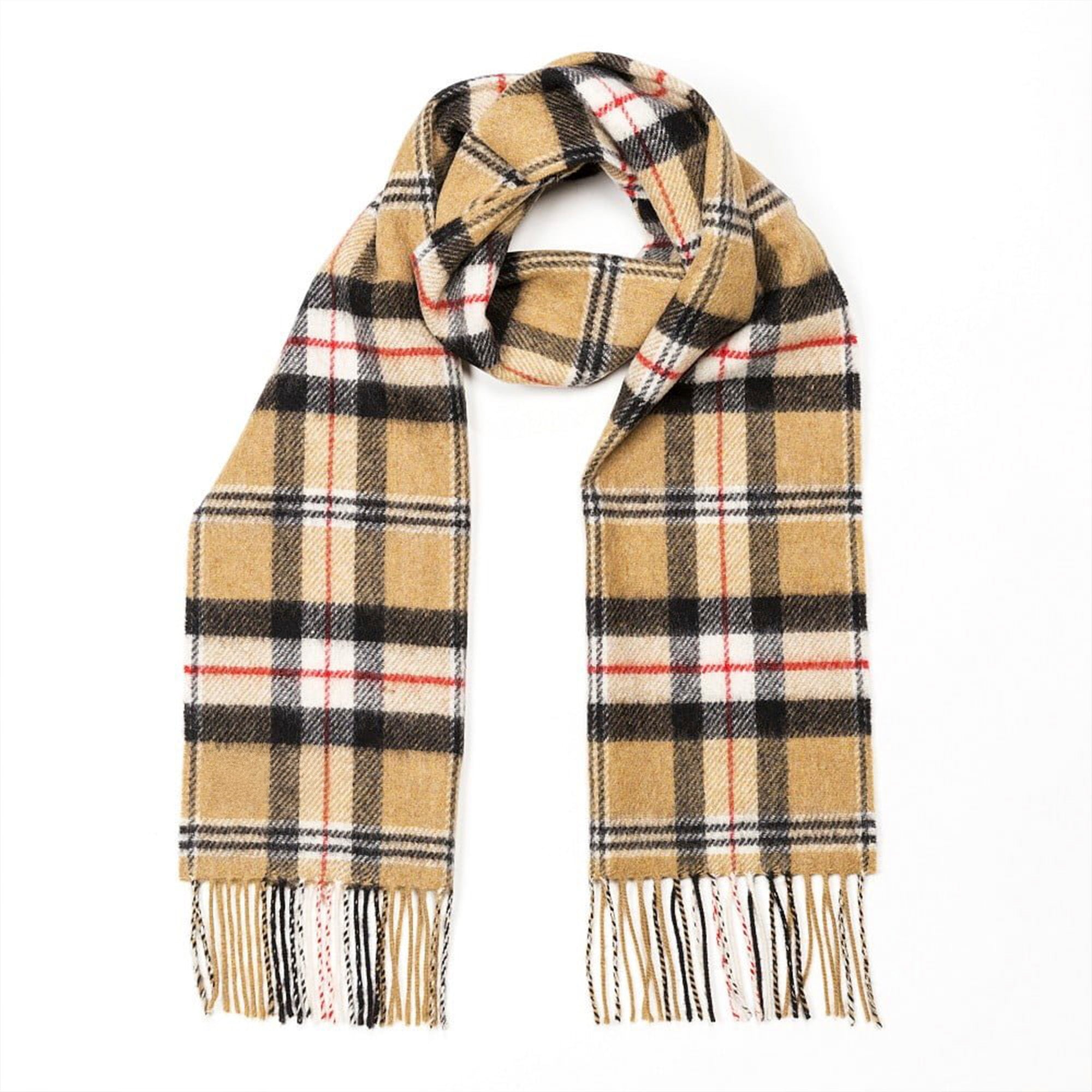 100% Irish Wool Scarf - Camel of Merrick Tartan Plaid, 12" x 60", Made in Ireland