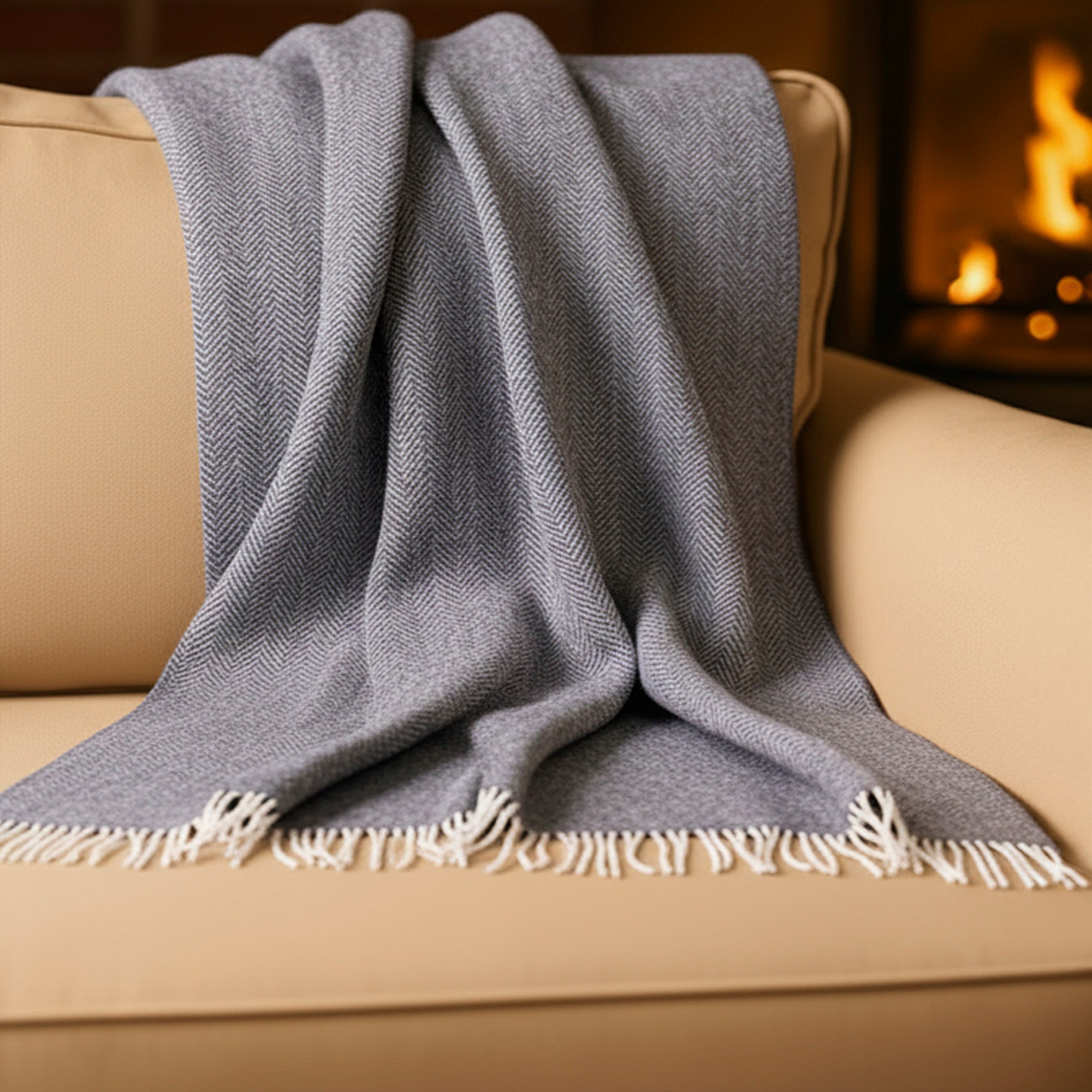 54" x 71" Merino Cashmere Wool Blend Throw Blanket (Grey & Cream) 95% | 5% Ultra Soft Herringbone Pattern