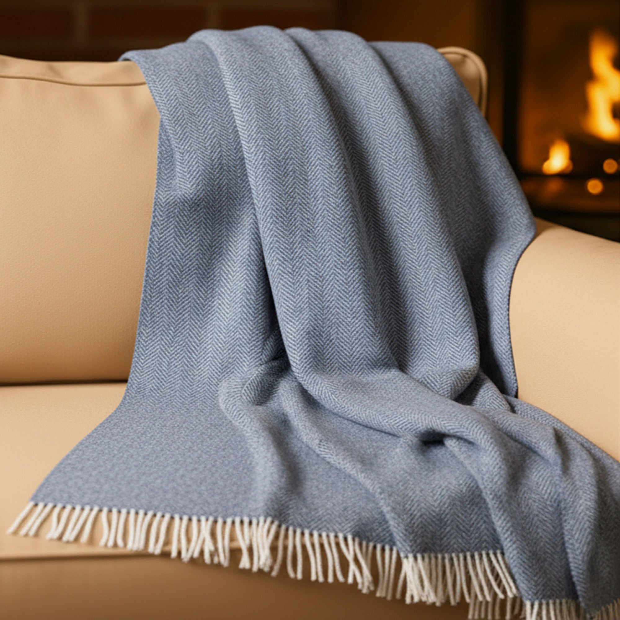 54" x 71" Merino Cashmere Wool Blend Throw Blanket (Denim & Cream) 95% | 5% Ultra Soft Herringbone Pattern