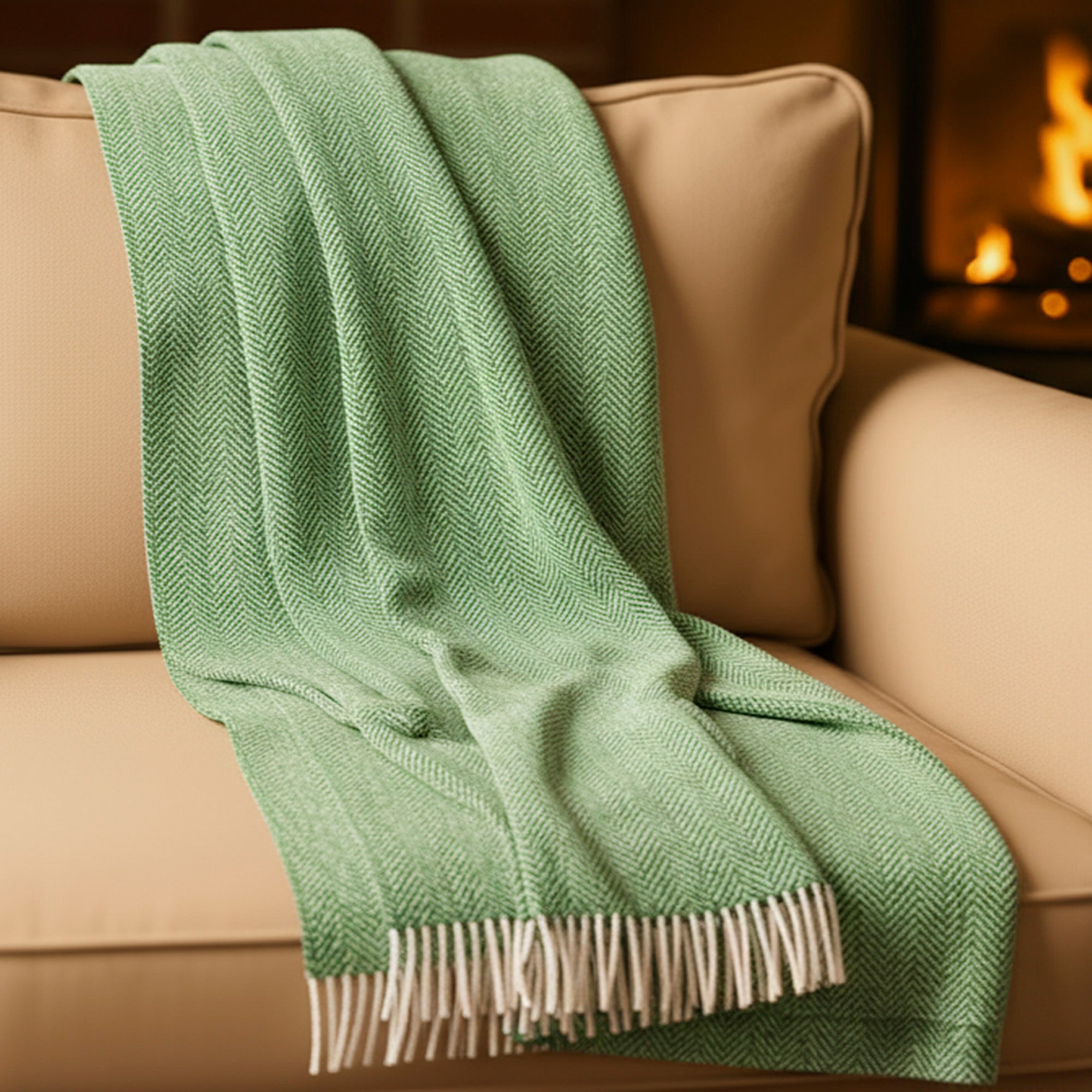 54" x 71" Merino Cashmere Wool Blend Throw Blanket (Green & Cream) 95% | 5% Ultra Soft Herringbone Pattern
