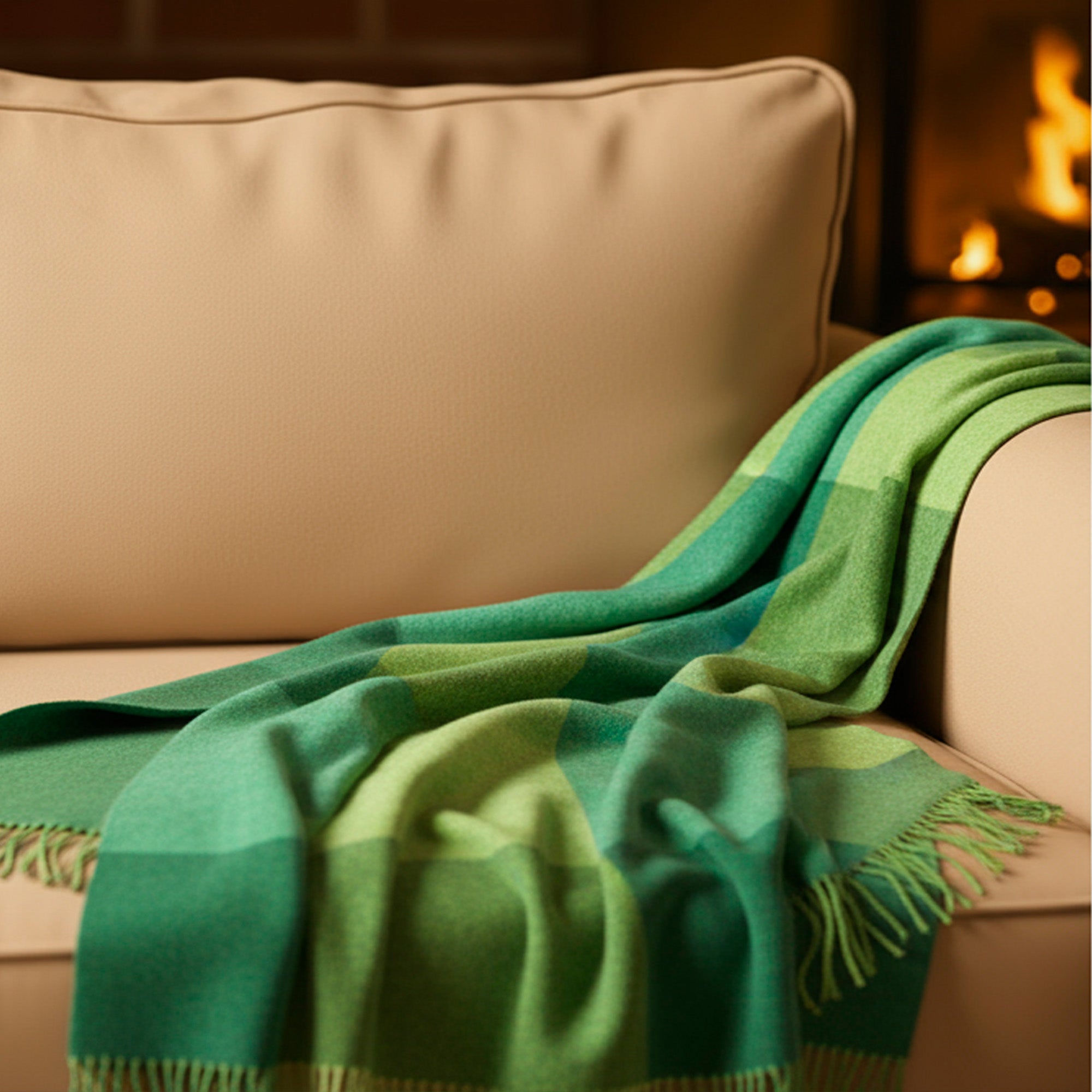 100% Irish Wool Tartan Throw Blanket - Multi Color Green Block (54" x 71")