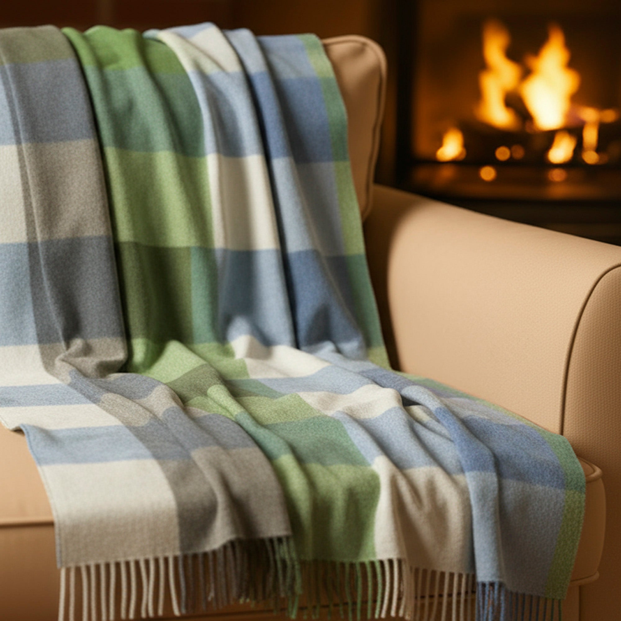 100% Irish Wool Tartan Throw Blanket - Cream, Baby Blue & Green Plaid (54" x 71")