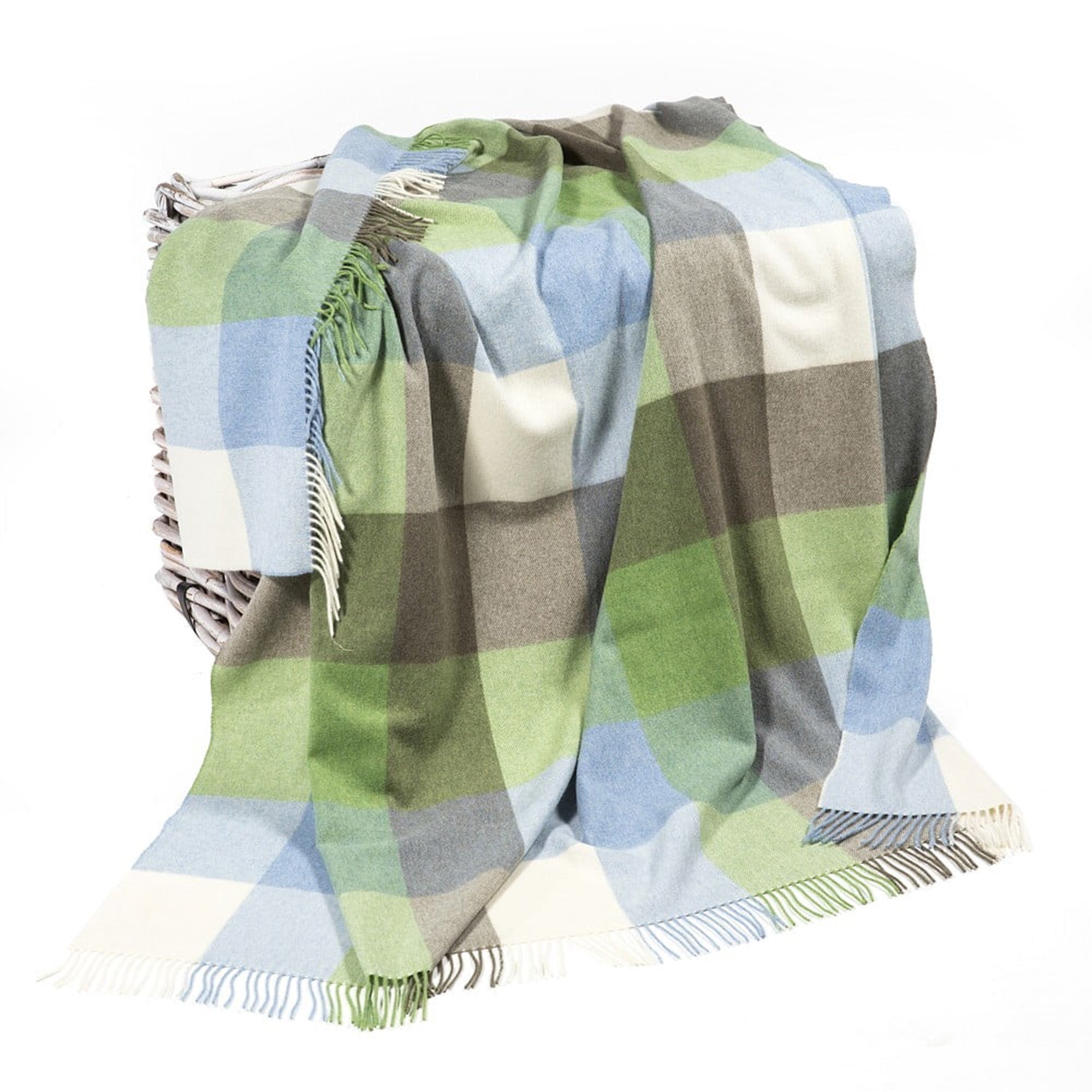 100% Irish Wool Tartan Throw Blanket - Cream, Baby Blue & Green Plaid (54" x 71")