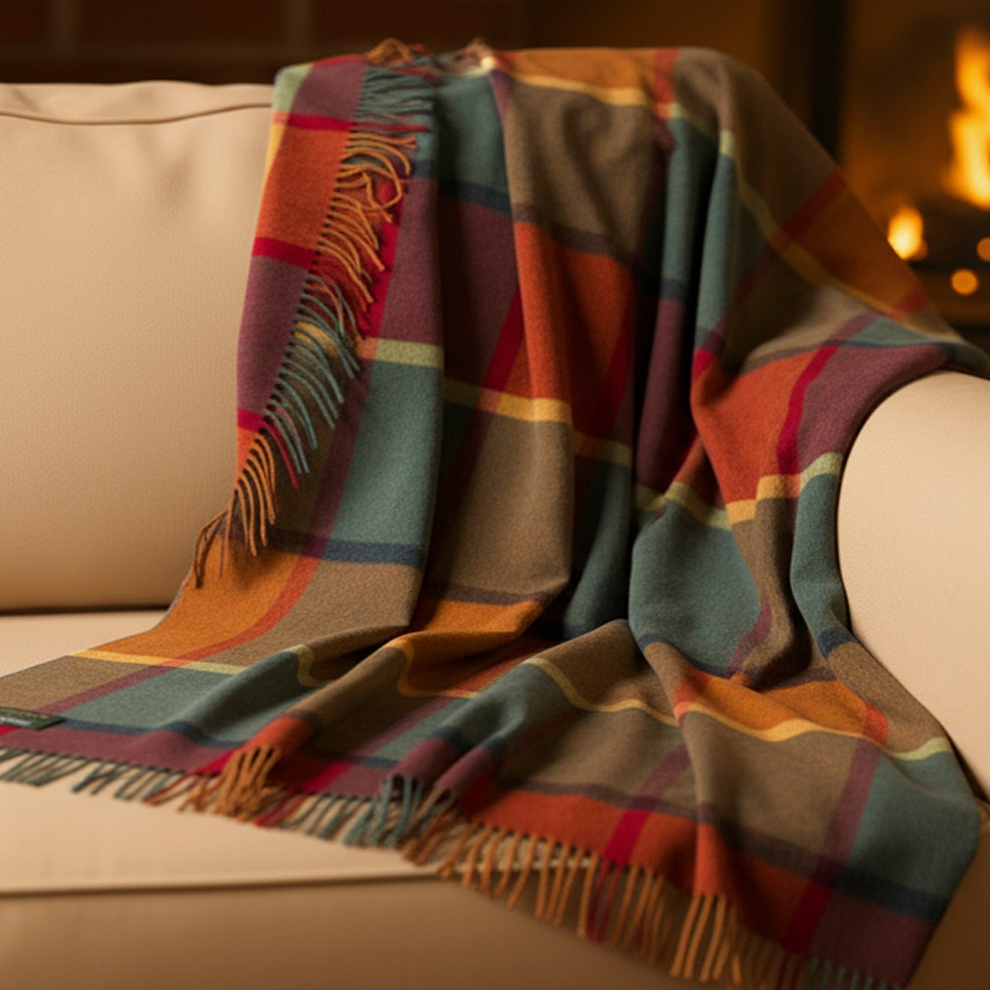 100% Irish Wool Tartan Throw Blanket - Orange Green Yellow Wine Plaid (54" x 71")