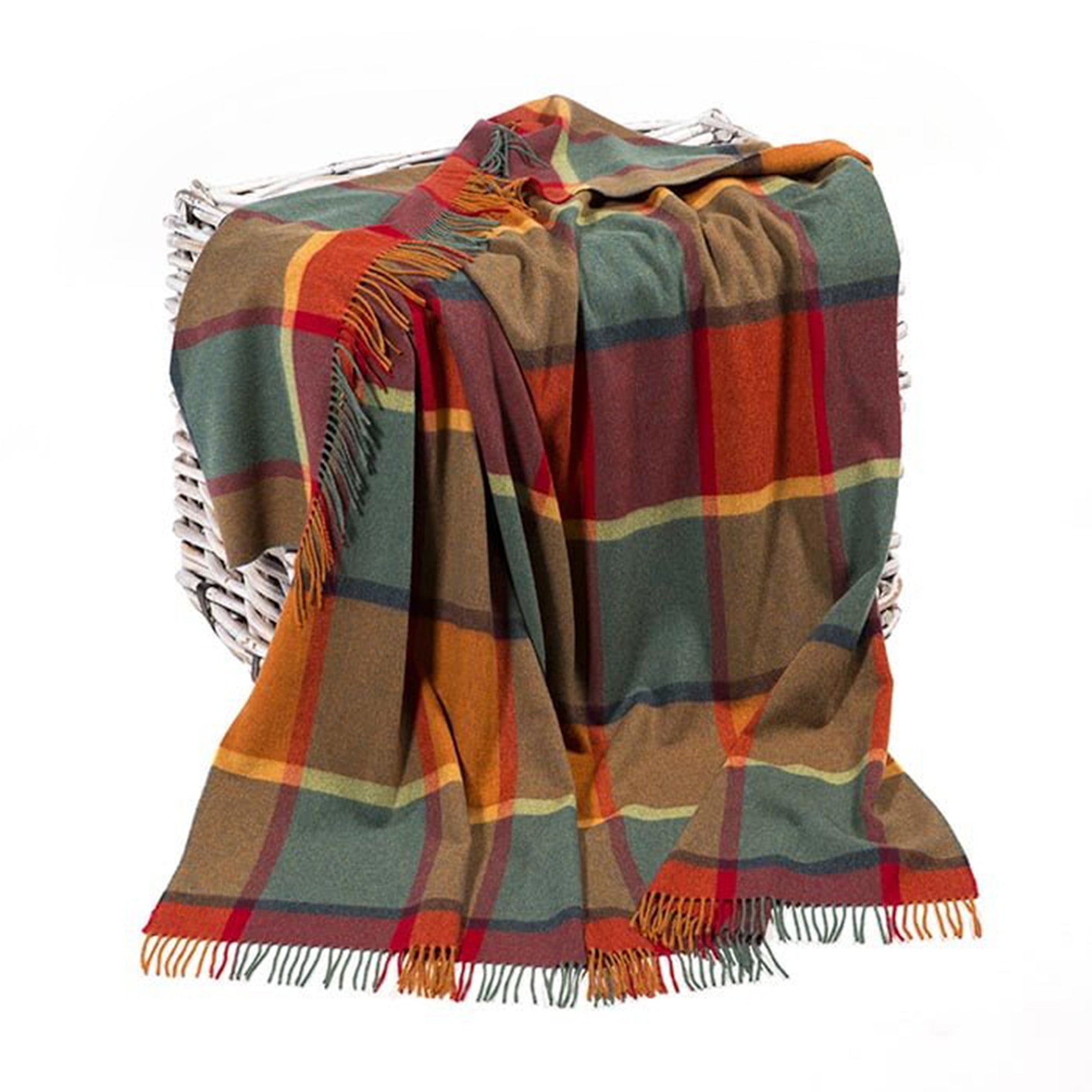 100% Irish Wool Tartan Throw Blanket - Orange Green Yellow Wine Plaid (54" x 71")
