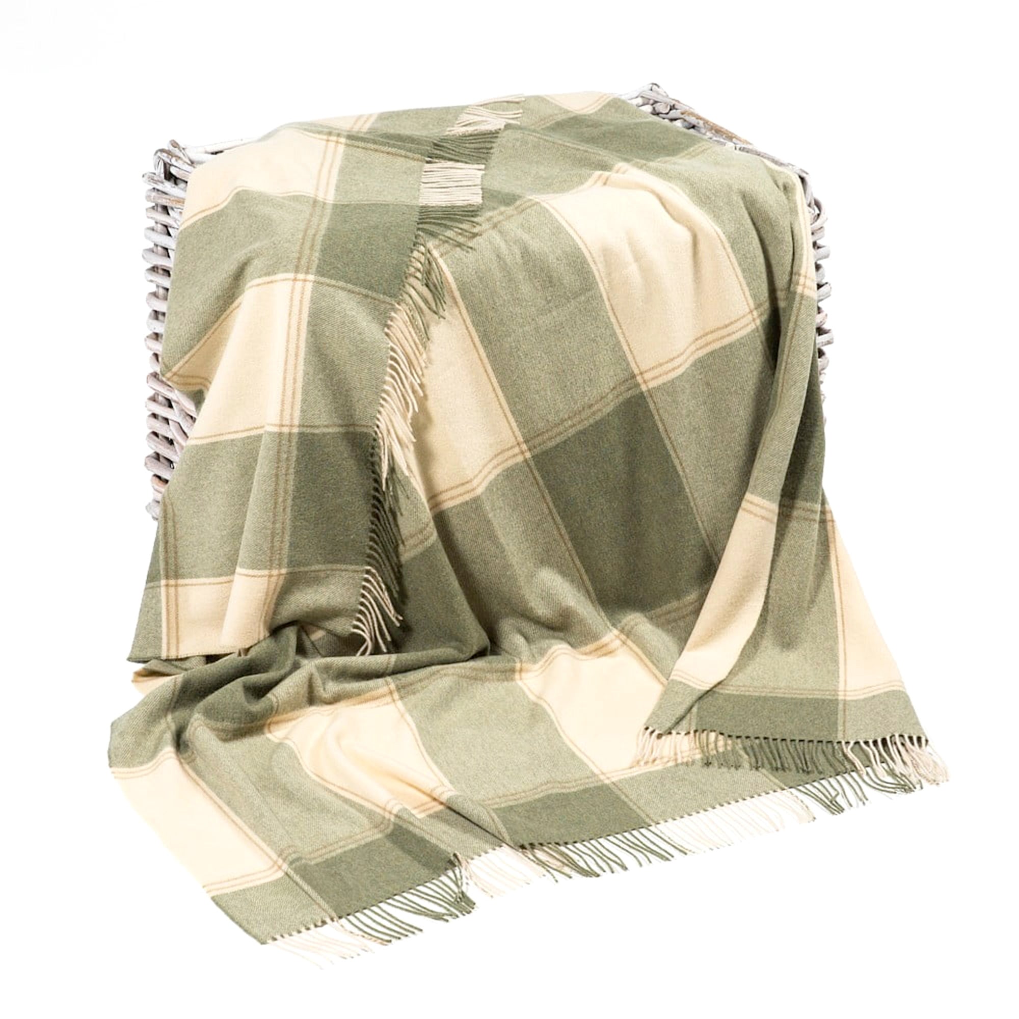 100% Irish Wool Tartan Throw Blanket - Cream & Green Plaid (54" x 71")