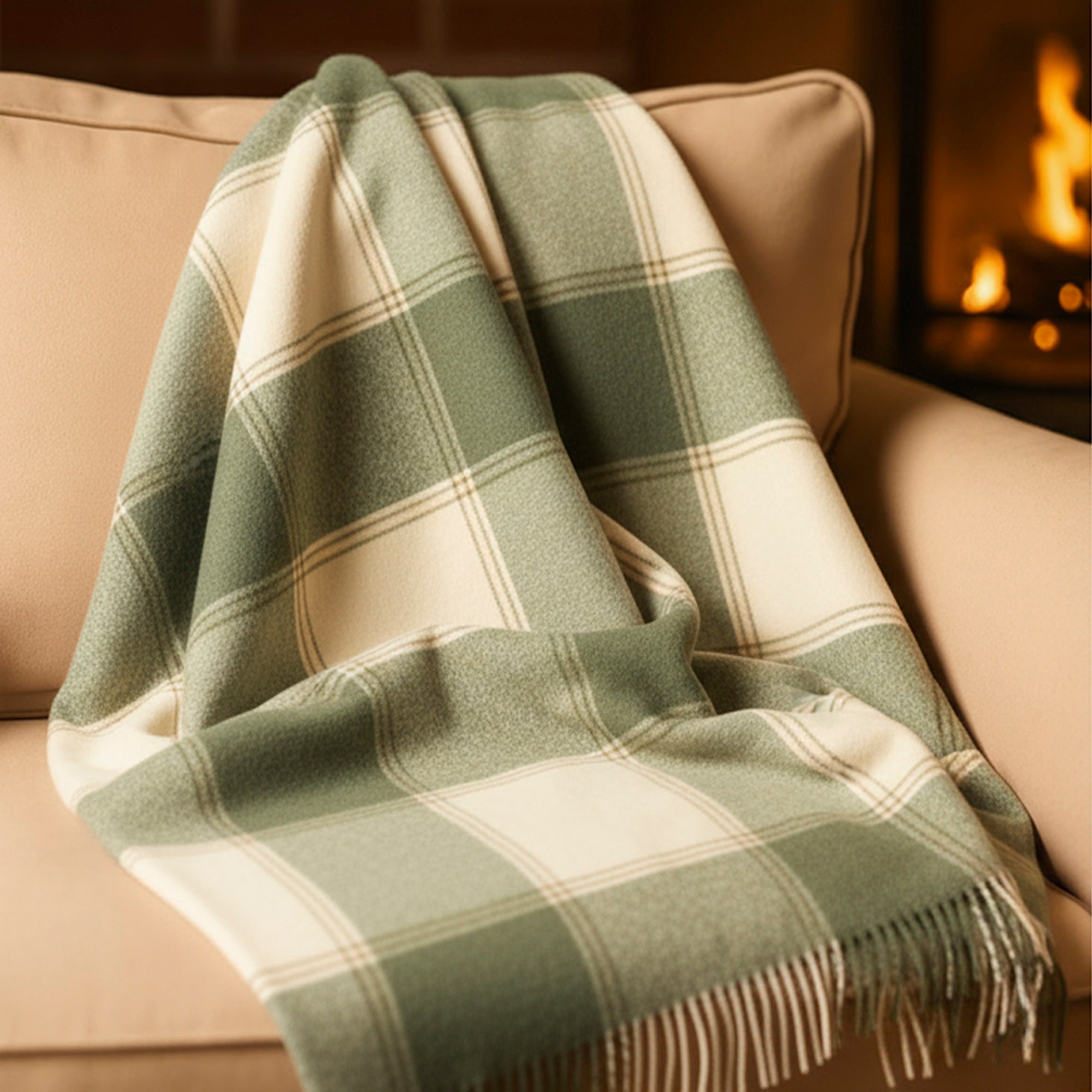 100% Irish Wool Tartan Throw Blanket - Cream & Green Plaid (54" x 71")