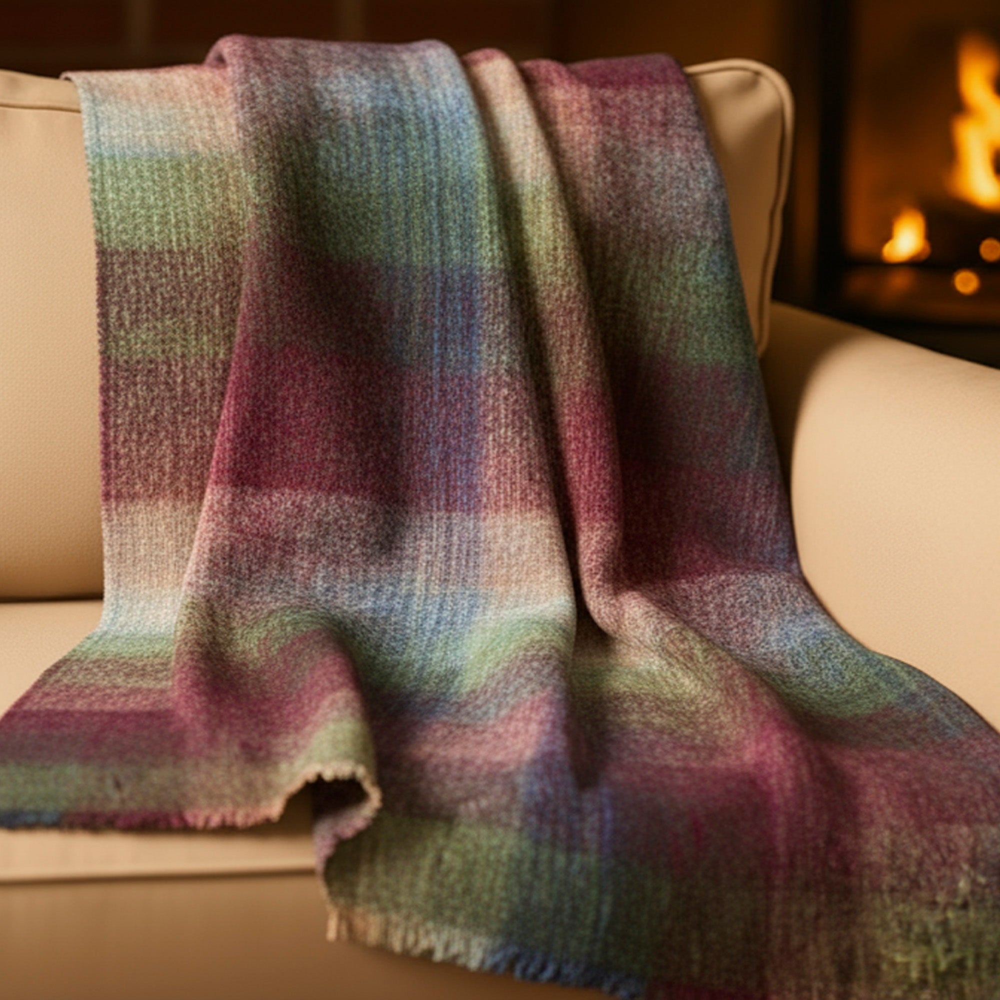 Irish Mohair Throw Blanket - Watercolour Monet Tartan Plaid, 70% Mohair Wool Blend (54" x 72")